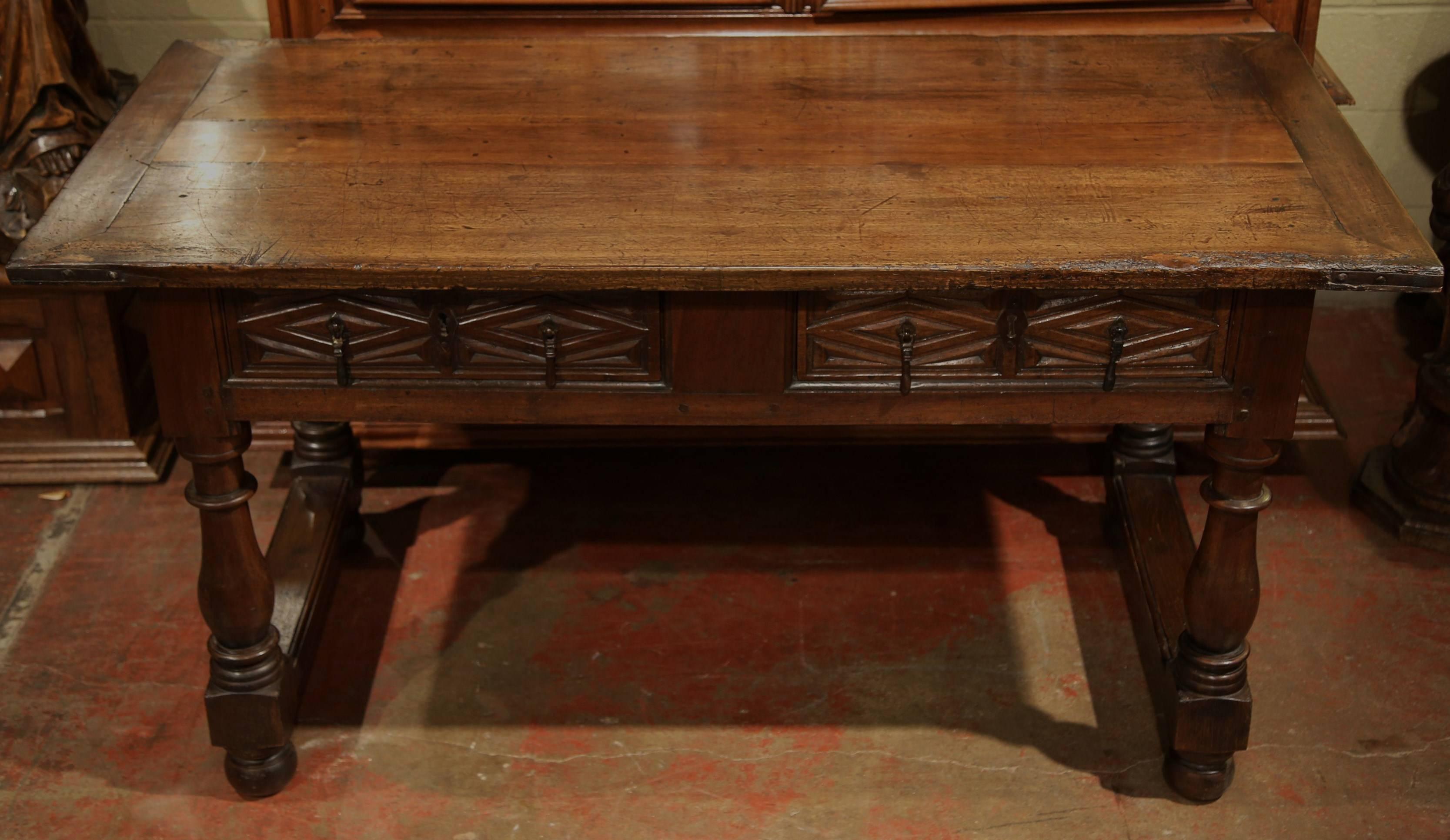 Louis XIII 18th Century, Spanish Carved Walnut Two-Drawer Console Table with Turned Legs