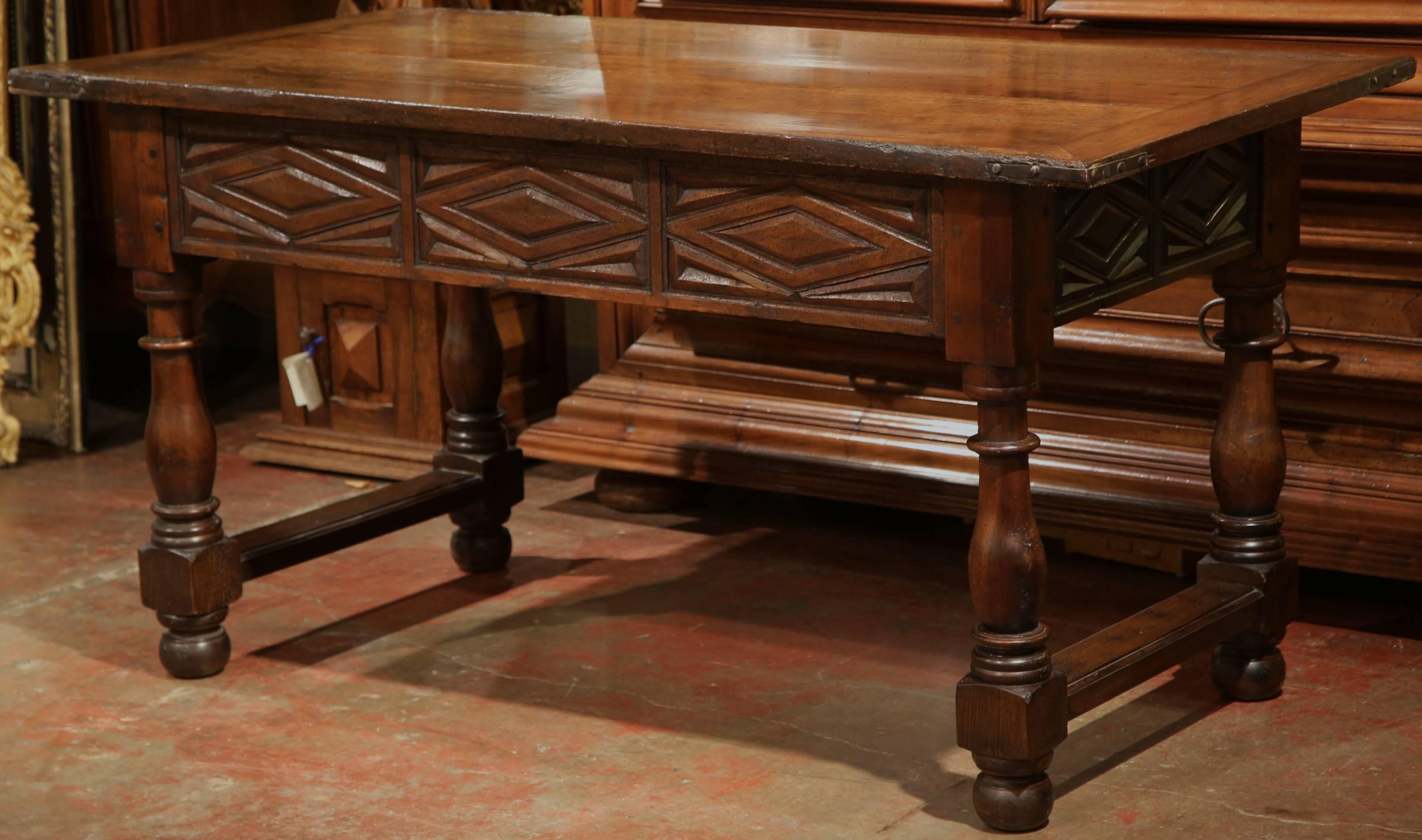 18th Century, Spanish Carved Walnut Two-Drawer Console Table with Turned Legs 2