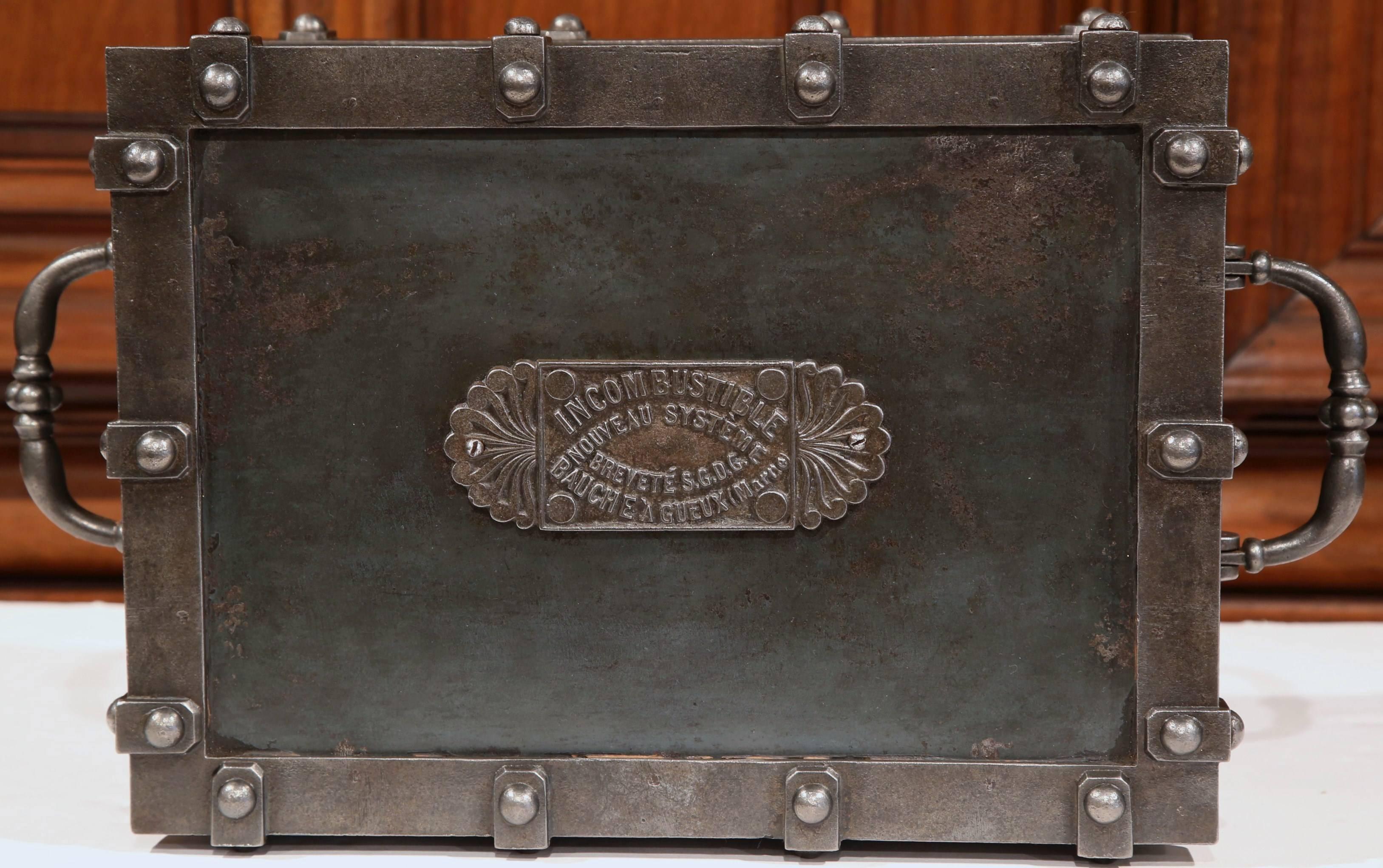 19th Century French Polished Cast Iron Safe with Coat of Arms and Handles 1