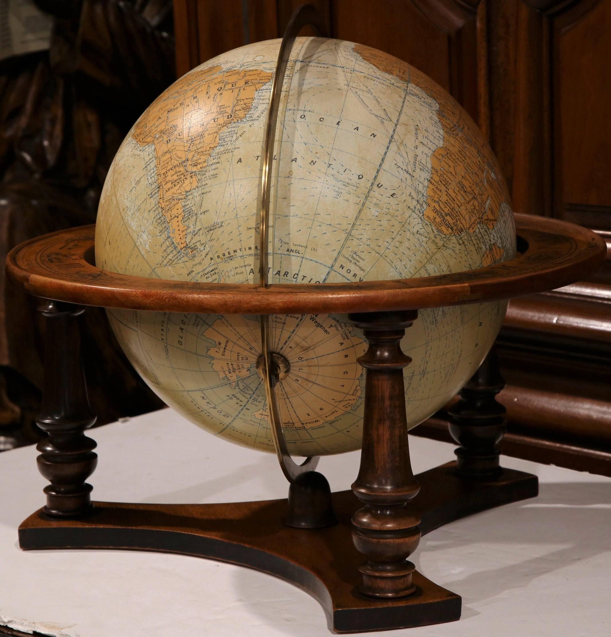 Hand-Carved 20th Century French Globe on Walnut Base Signed Girard Barrere et Thomas, Paris