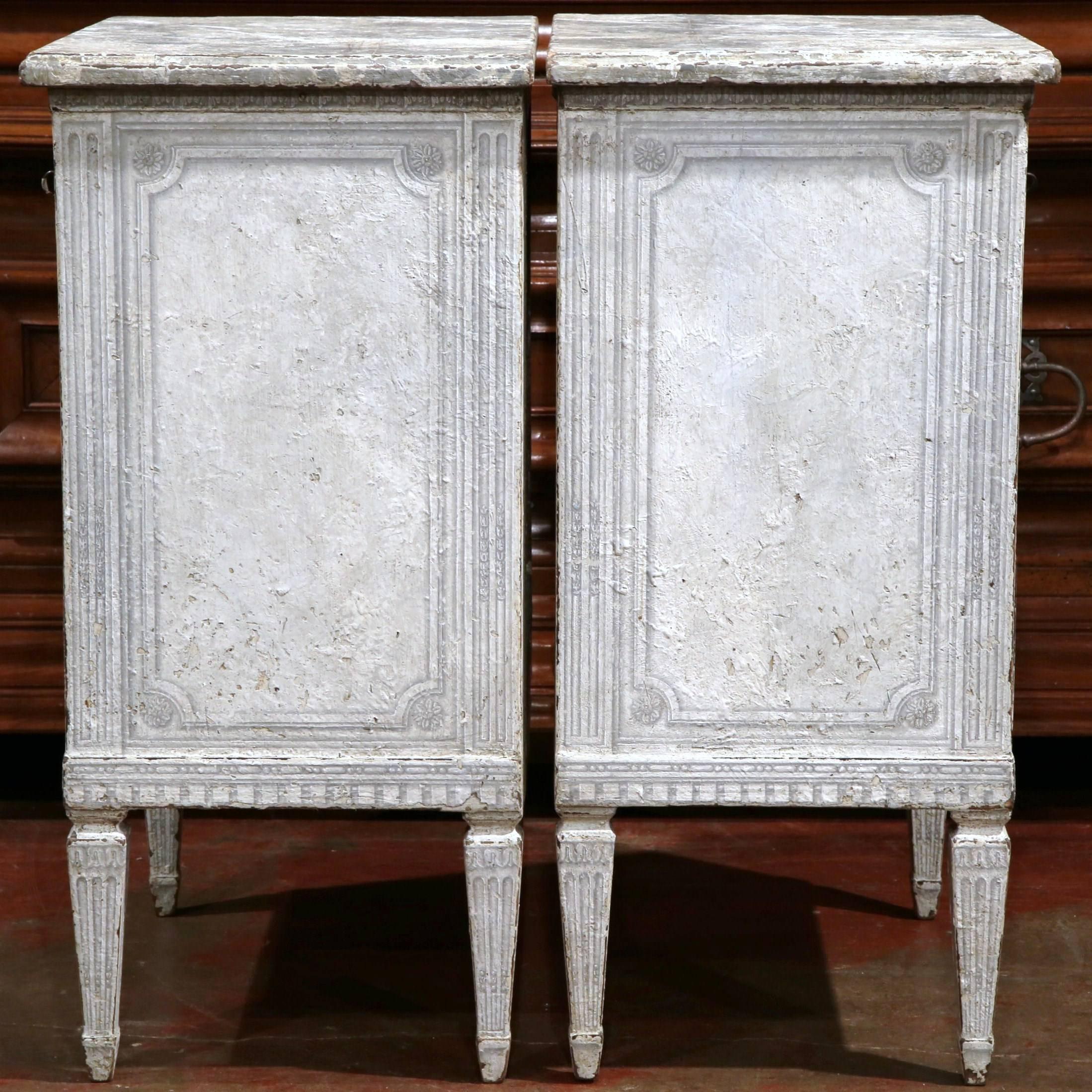 Pair of 19th Century French Louis XVI Painted Nightstands with Faux Marble Top 3