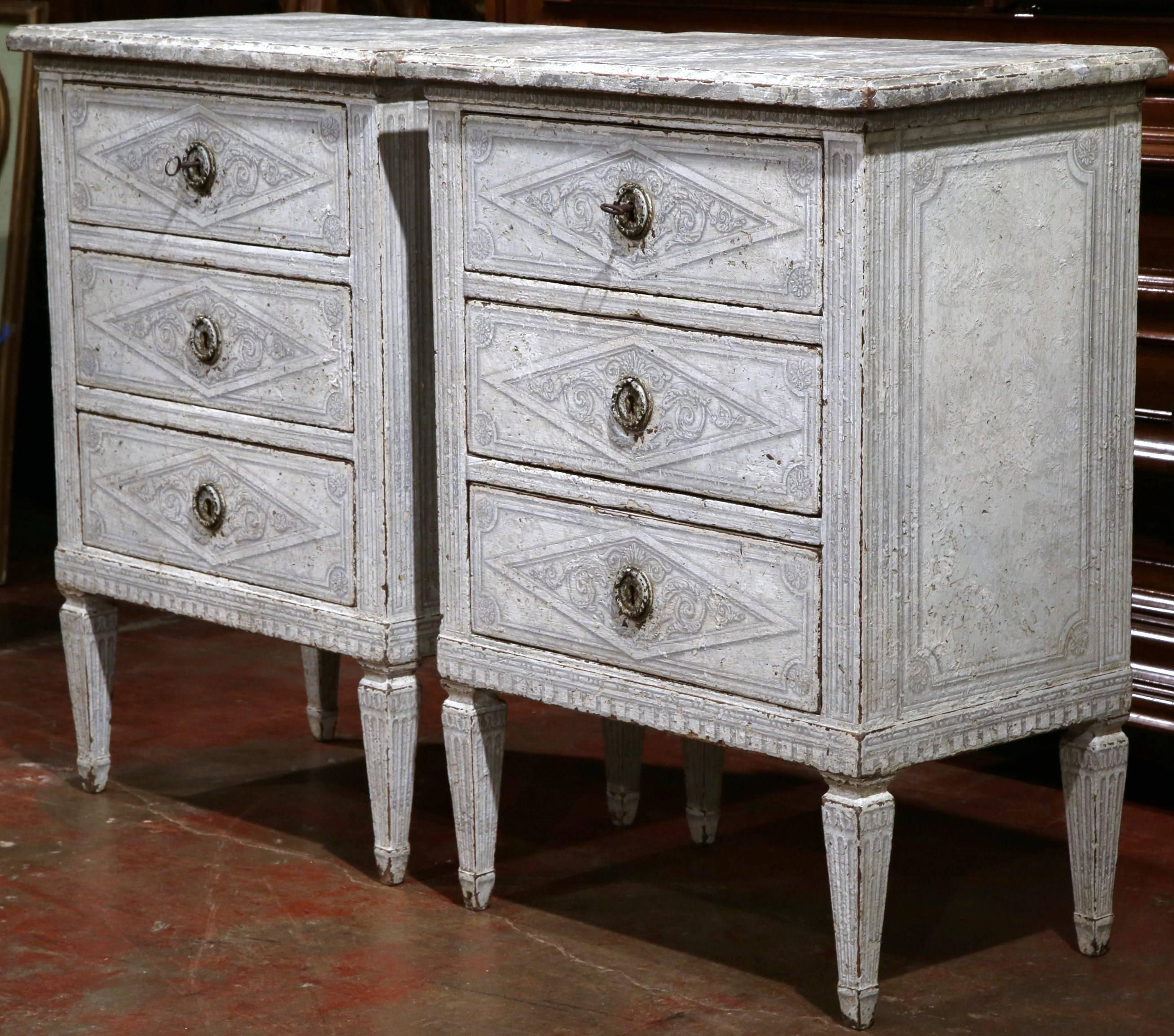 Pair of 19th Century French Louis XVI Painted Nightstands with Faux Marble Top In Excellent Condition In Dallas, TX