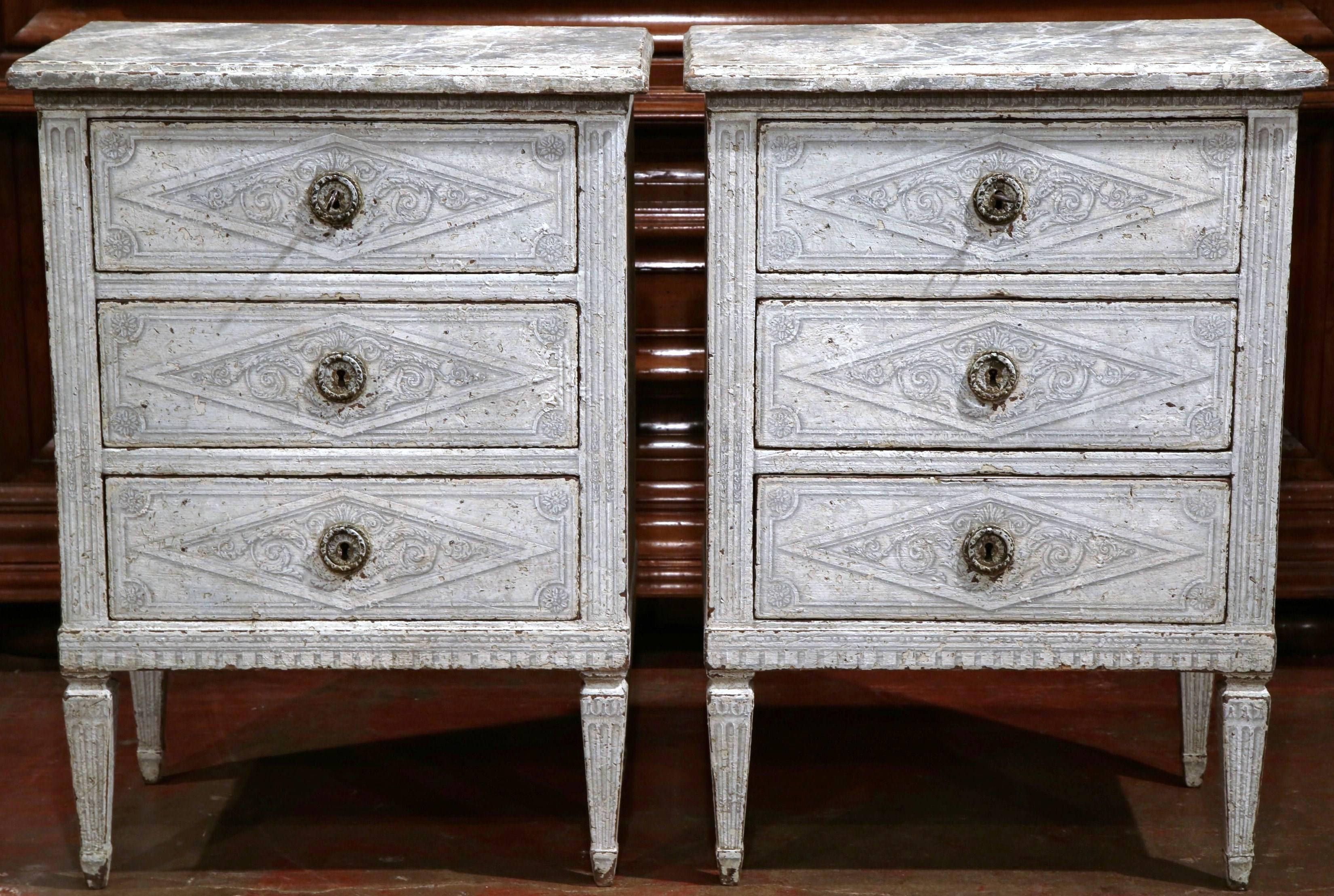 Pair of 19th Century French Louis XVI Painted Nightstands with Faux Marble Top 1