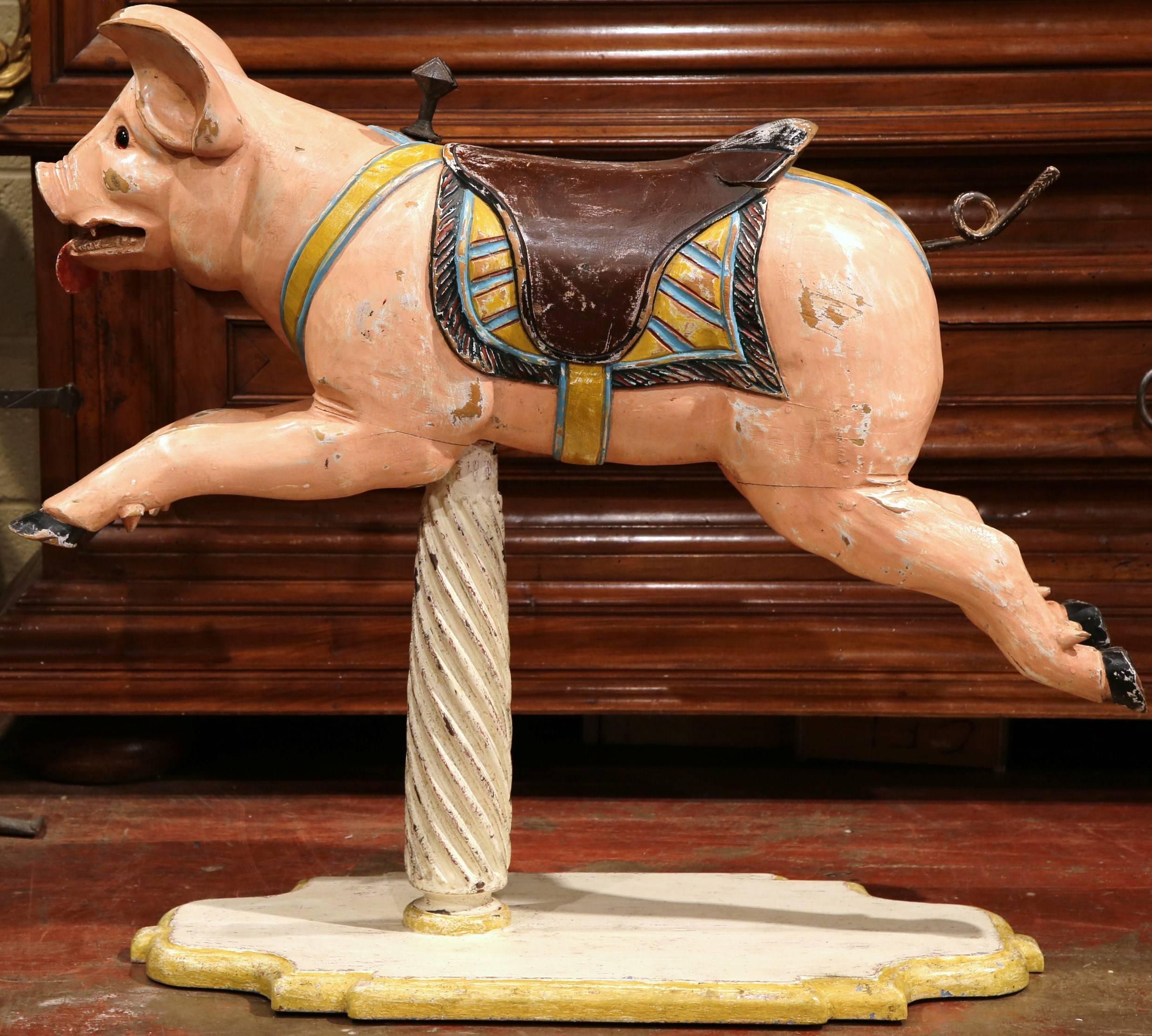 Hand-Carved 19th Century French Carved Polychrome Painted Carousel Pig on Wooden Stand