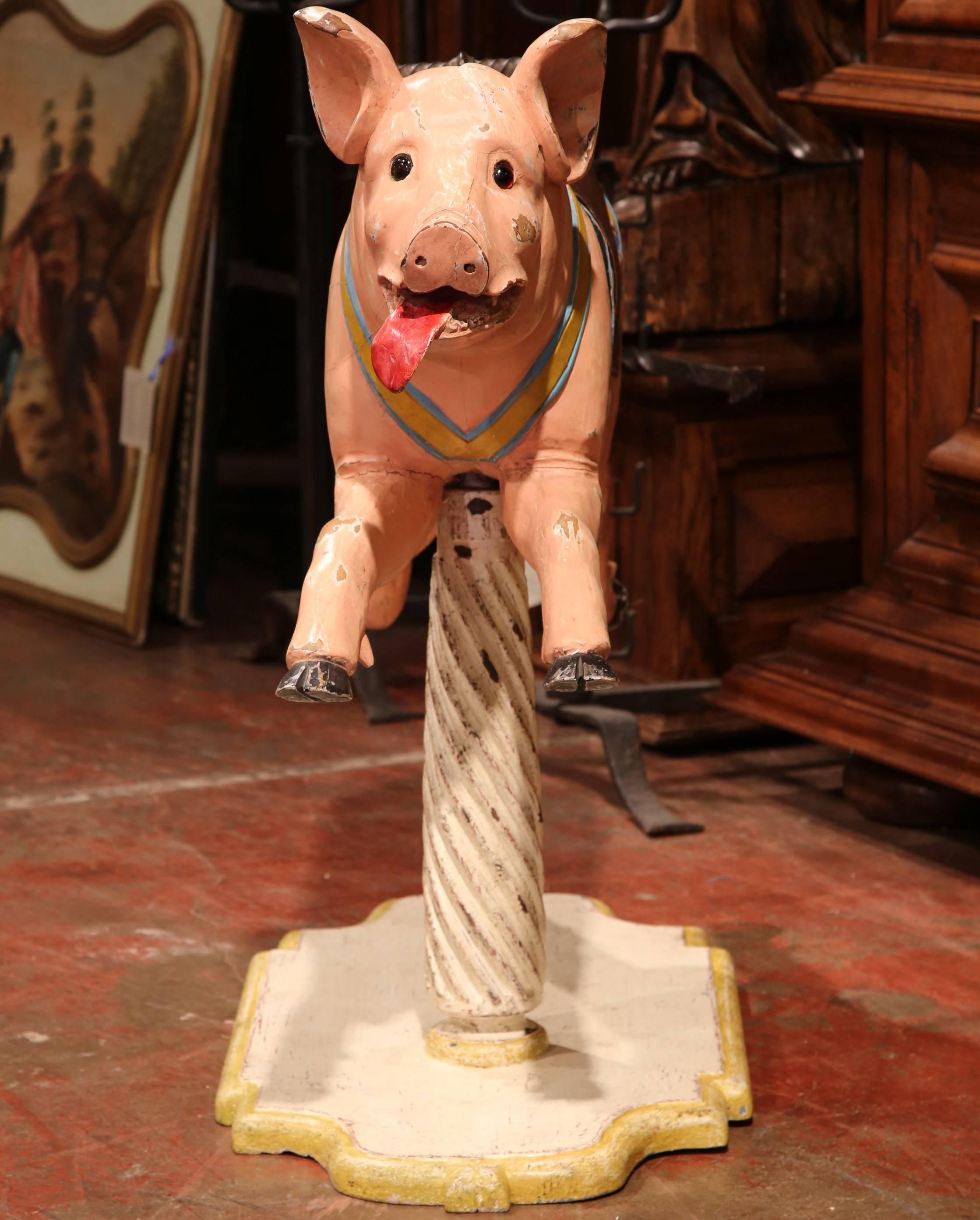 19th Century French Carved Polychrome Painted Carousel Pig on Wooden Stand 2