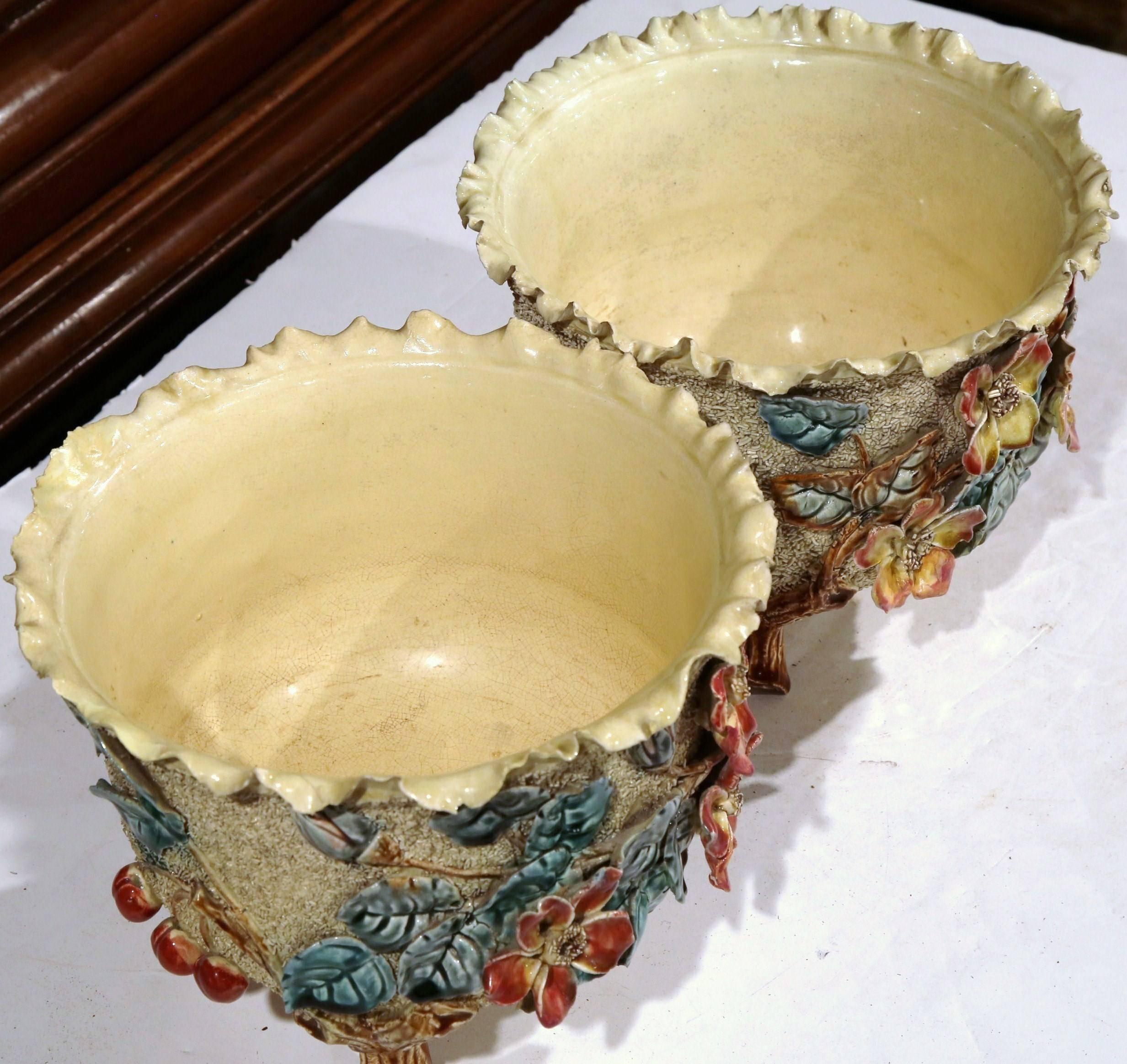 Pair of 19th Century French Hand Painted Ceramic Barbotine Cache Pots 1