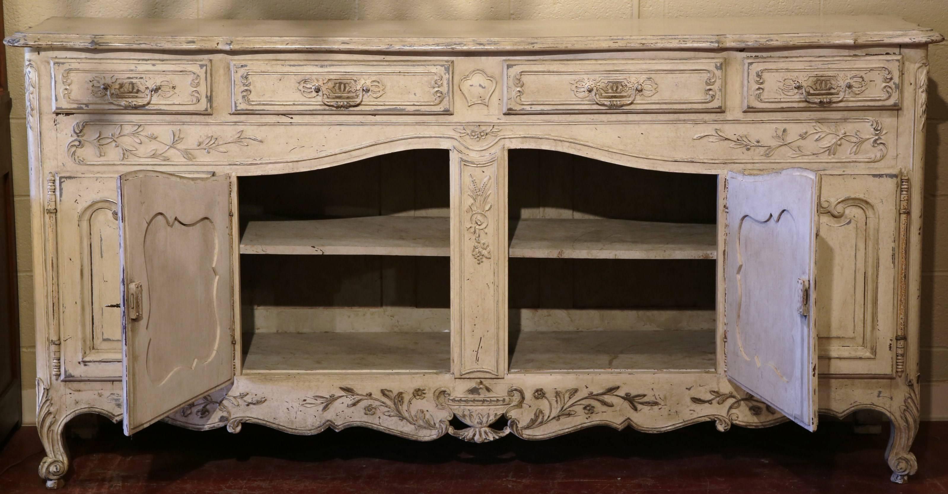 Hand-Carved Early 20th Century French Louis XV Carved Painted Four-Door Buffet from Provence
