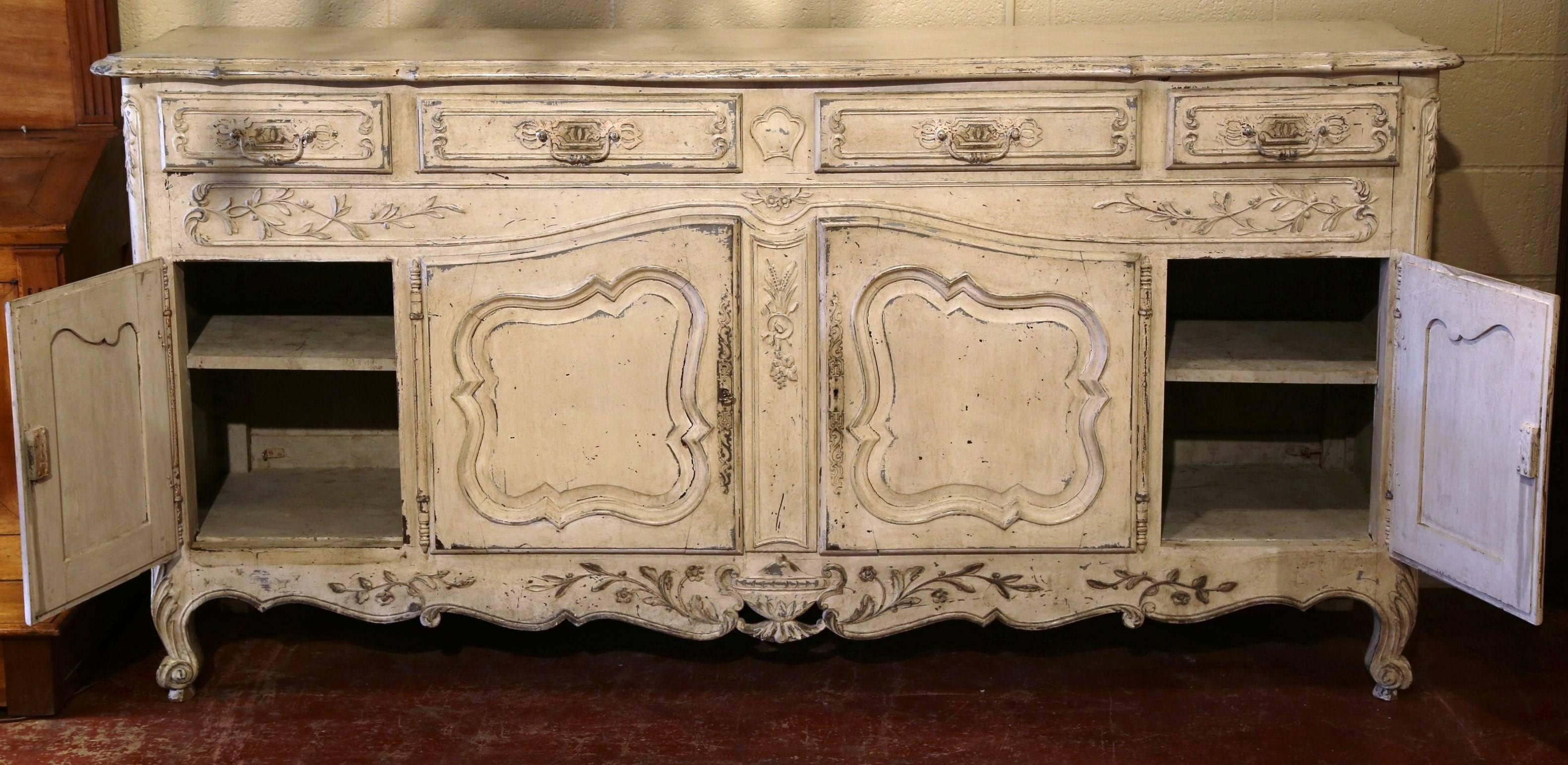 Early 20th Century French Louis XV Carved Painted Four-Door Buffet from Provence In Excellent Condition In Dallas, TX