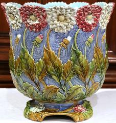 Large 19th Century French Hand-Painted Round Barbotine Cache Pot with Flowers