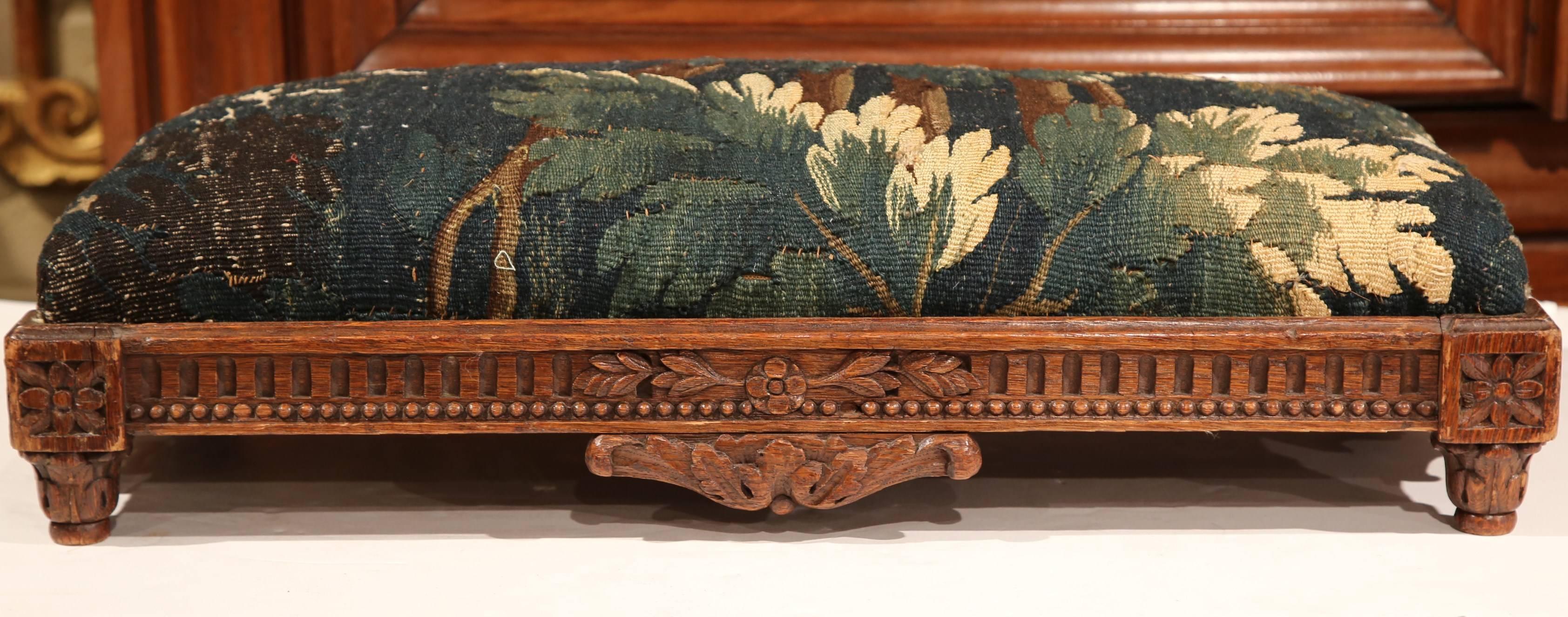 Hand-Carved 19th Century French Louis XIV Carved Footstool with Antique Aubusson Tapestry