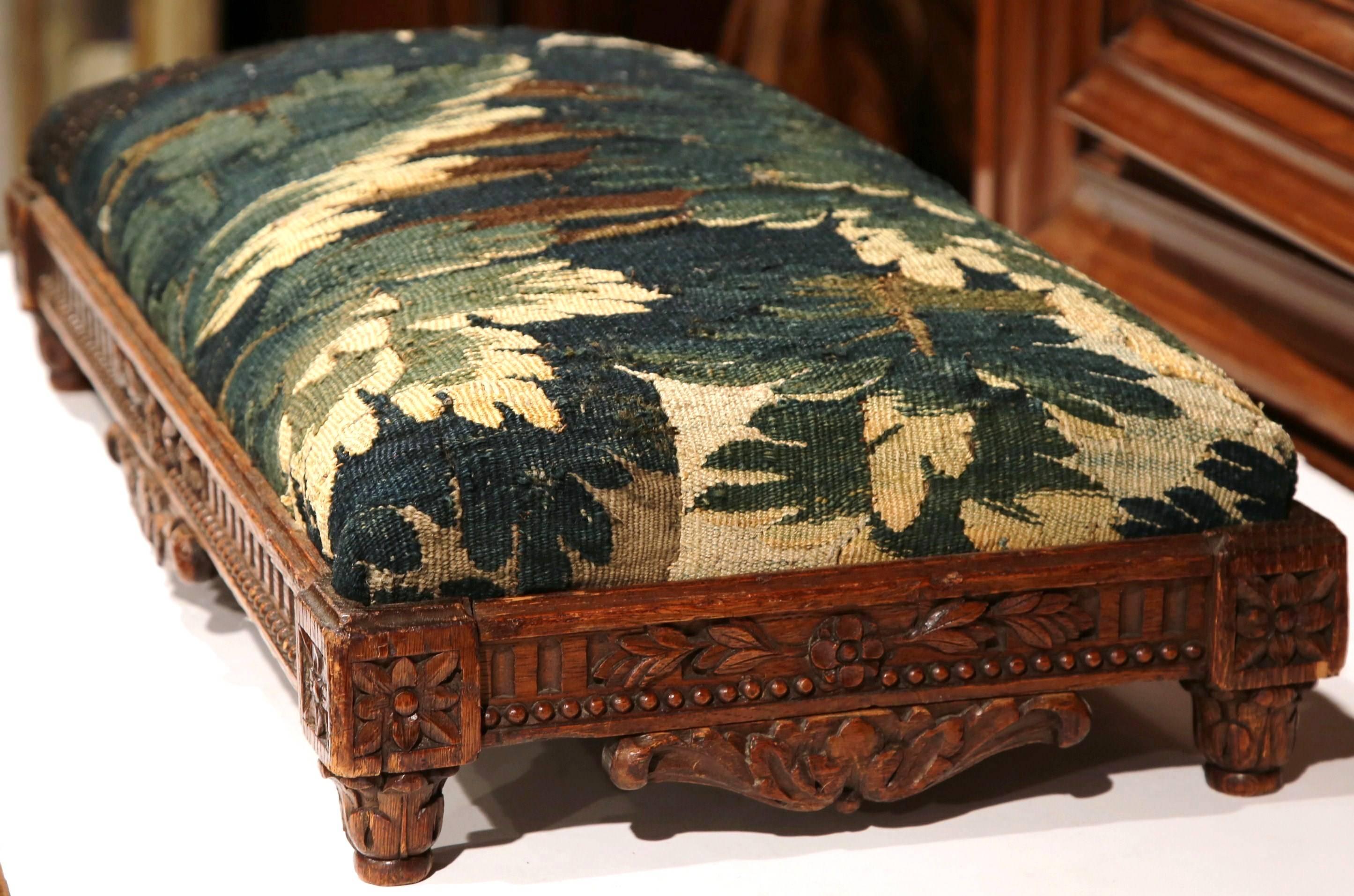 19th Century French Louis XIV Carved Footstool with Antique Aubusson Tapestry 1