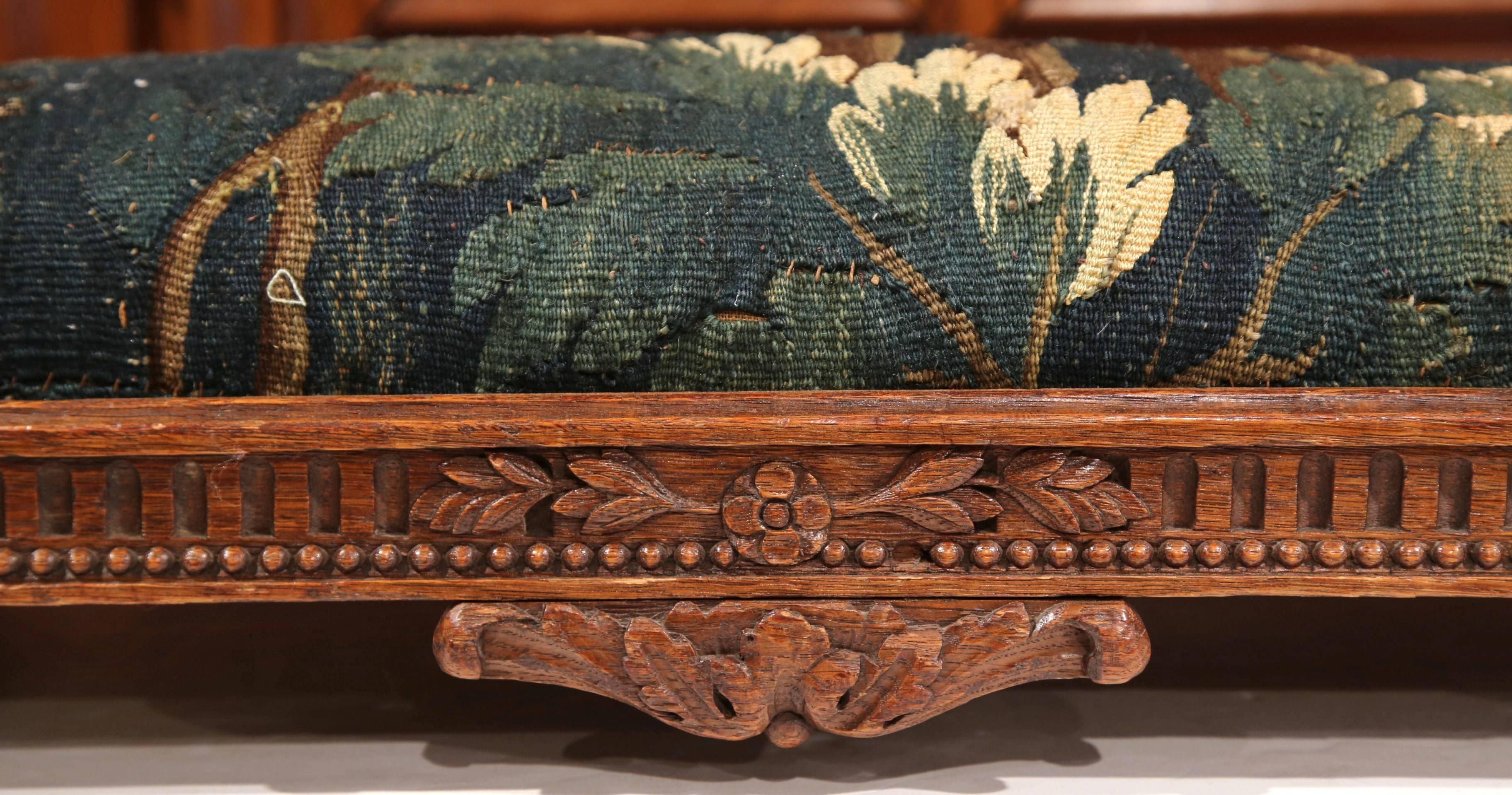 19th Century French Louis XIV Carved Footstool with Antique Aubusson Tapestry In Excellent Condition In Dallas, TX