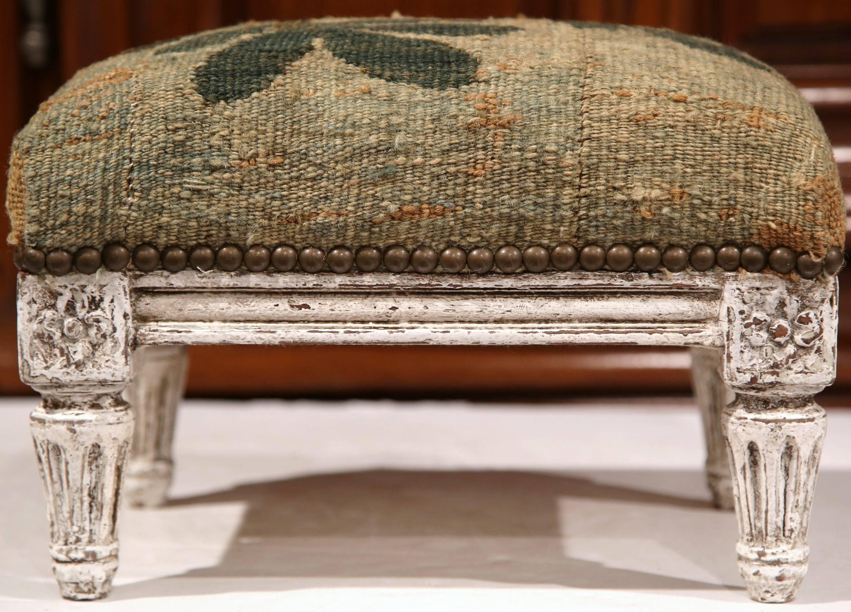 19th Century French Louis XVI Hand-Painted Footstool with Aubusson Tapestry In Excellent Condition In Dallas, TX