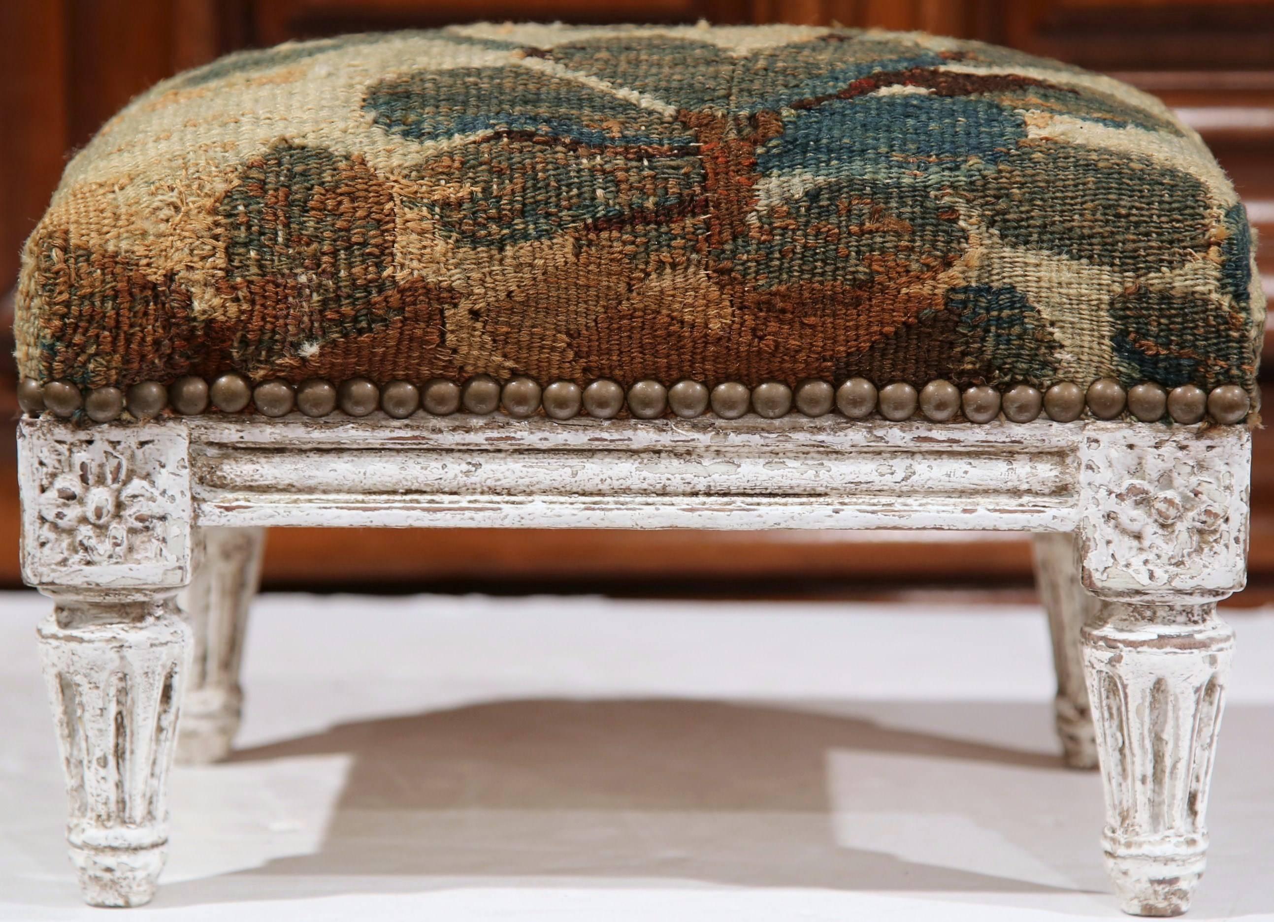 Hand-Carved 19th Century French Louis XVI Hand-Painted Footstool with Aubusson Tapestry