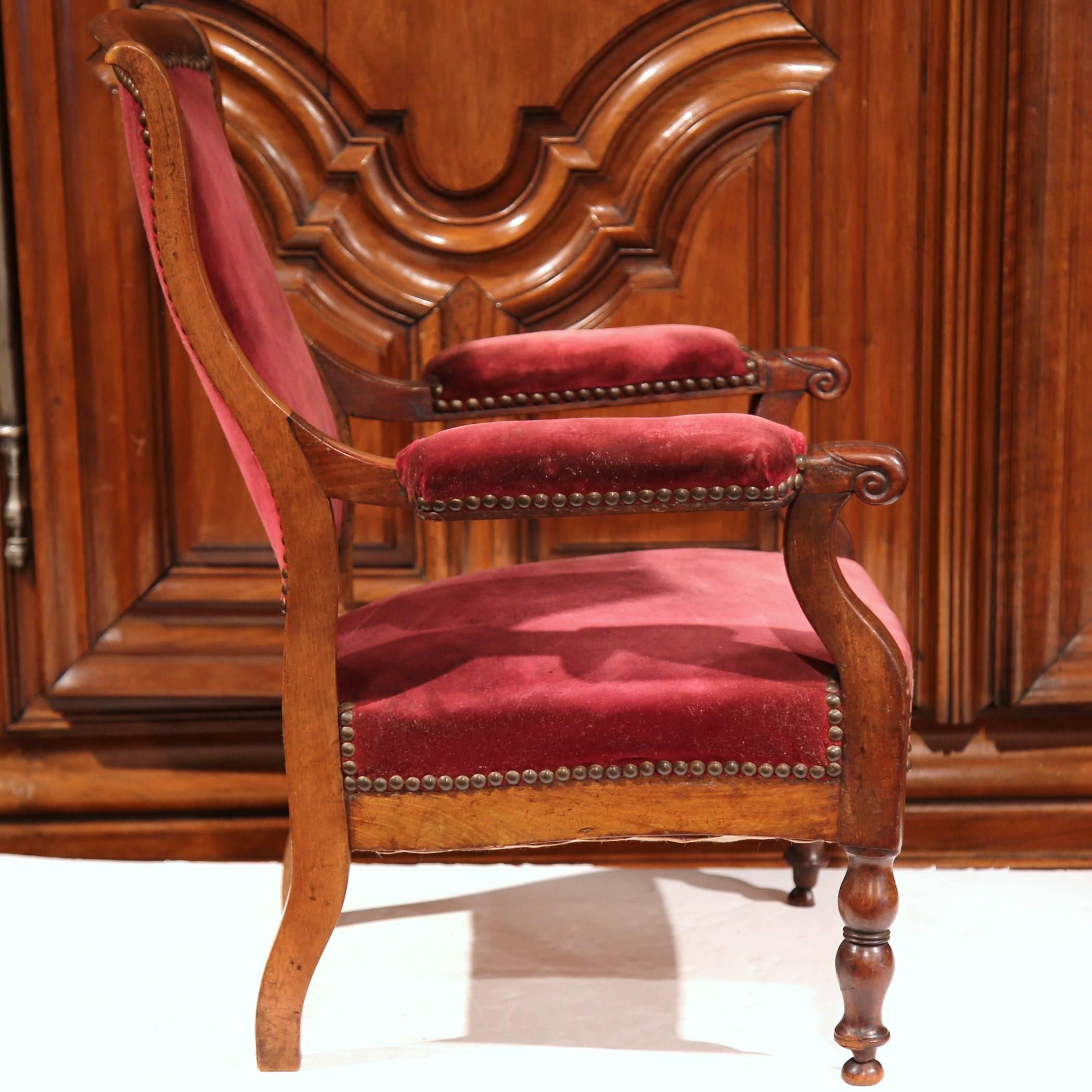 19th Century French Louis Philippe Carved Walnut and Red Velvet Child Armchair In Excellent Condition In Dallas, TX