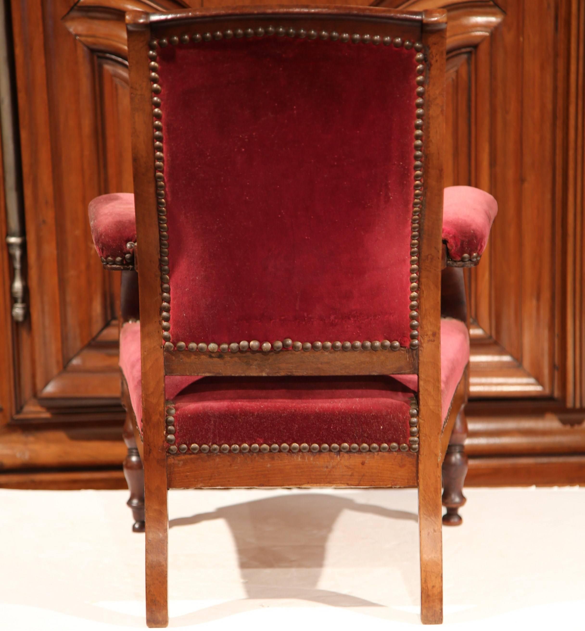 19th Century French Louis Philippe Carved Walnut and Red Velvet Child Armchair 2