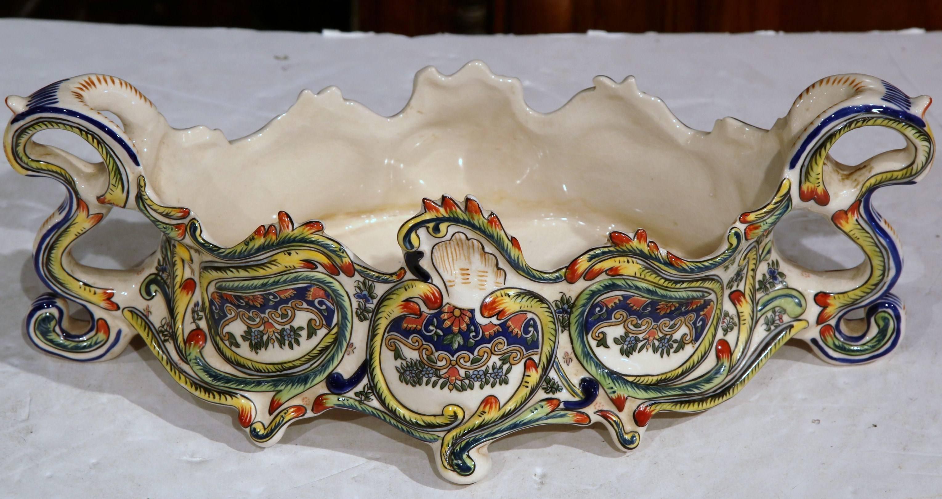 Louis XV 19th Century French Colorful Hand-Painted Faience Jardinière from Normandy