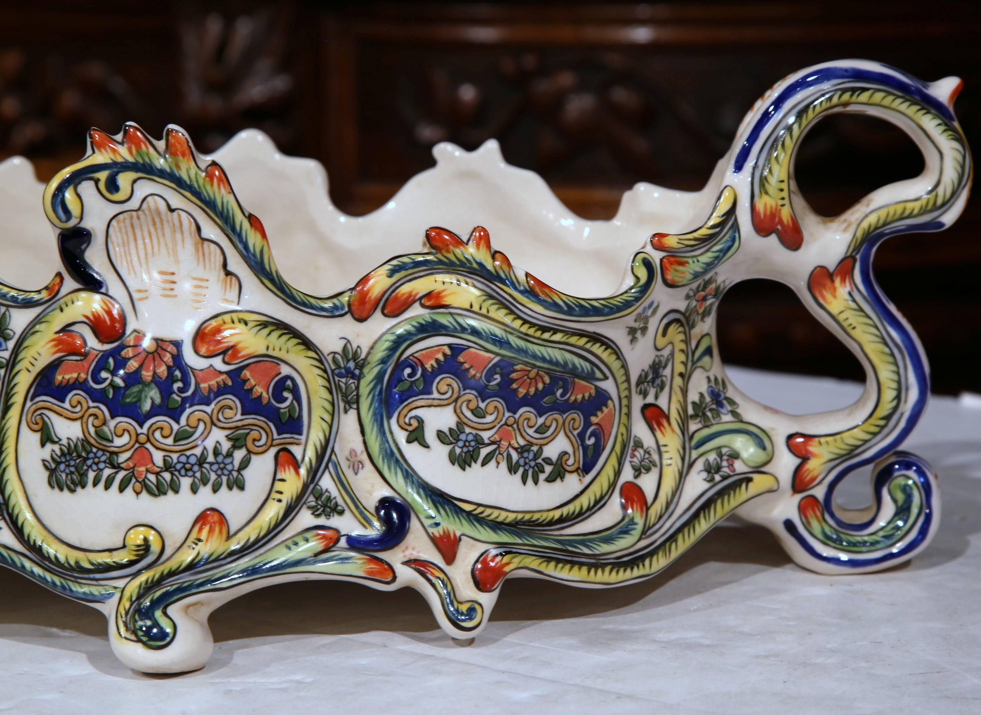 19th Century French Colorful Hand-Painted Faience Jardinière from Normandy 1
