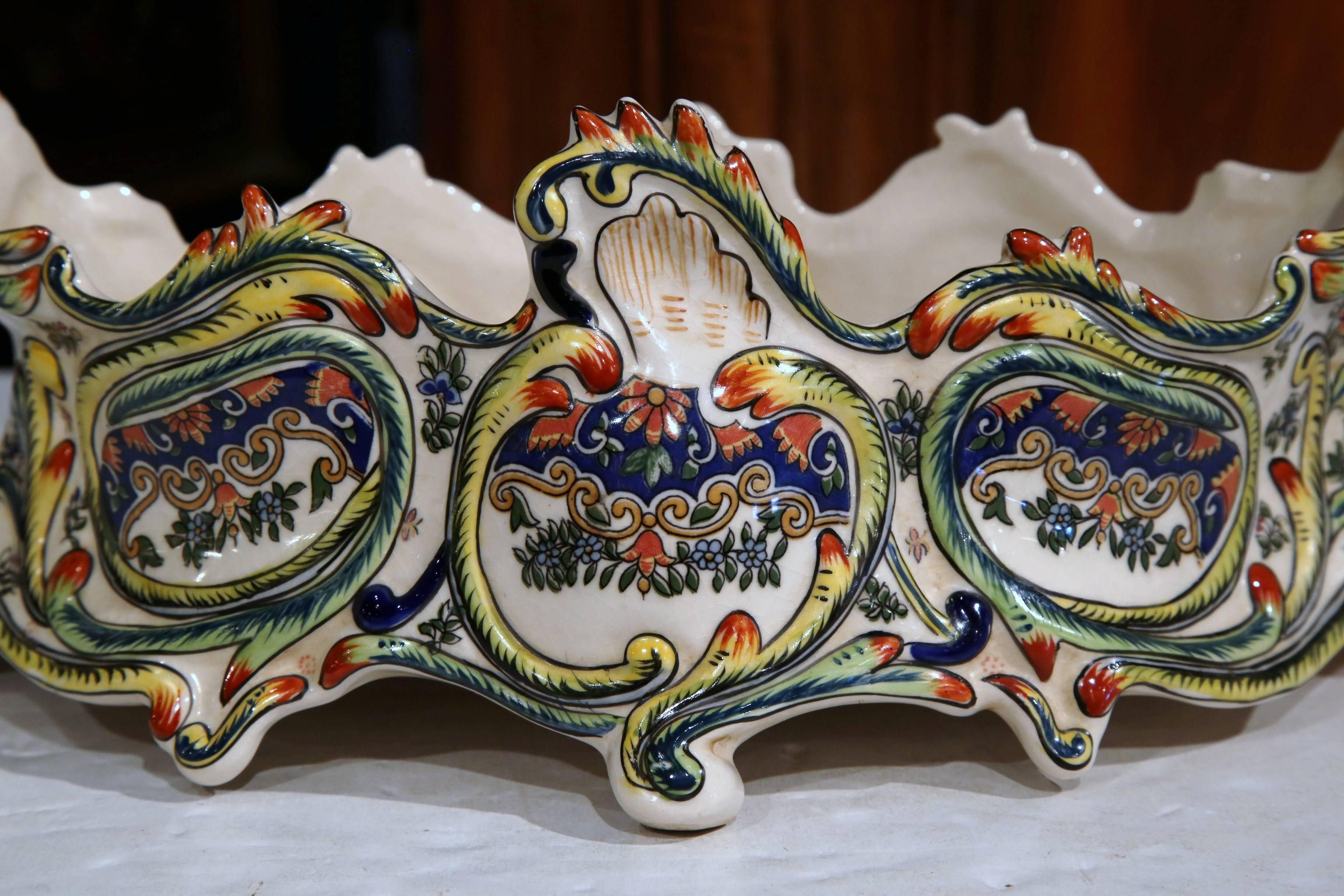 19th Century French Colorful Hand-Painted Faience Jardinière from Normandy In Excellent Condition In Dallas, TX