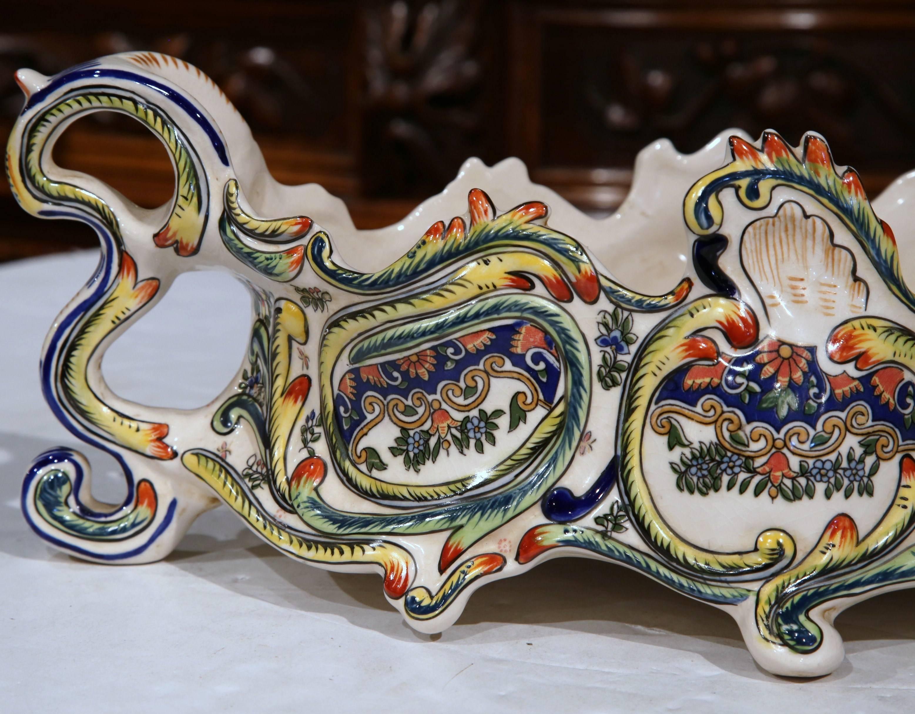 Hand-Crafted 19th Century French Colorful Hand-Painted Faience Jardinière from Normandy