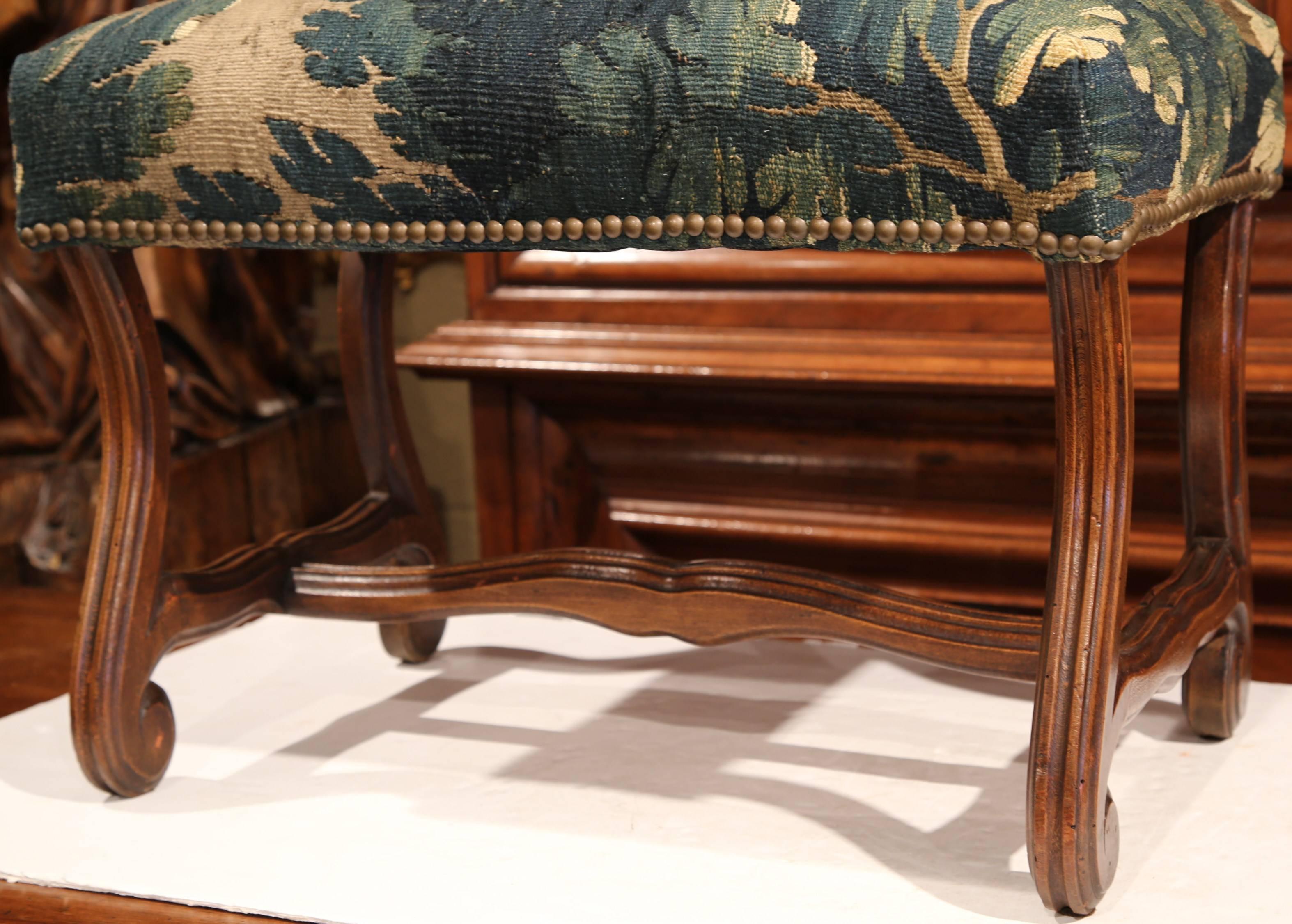 Hand-Carved Late 19th Century French Louis XIII Carved Walnut Stool with Aubusson Tapestry