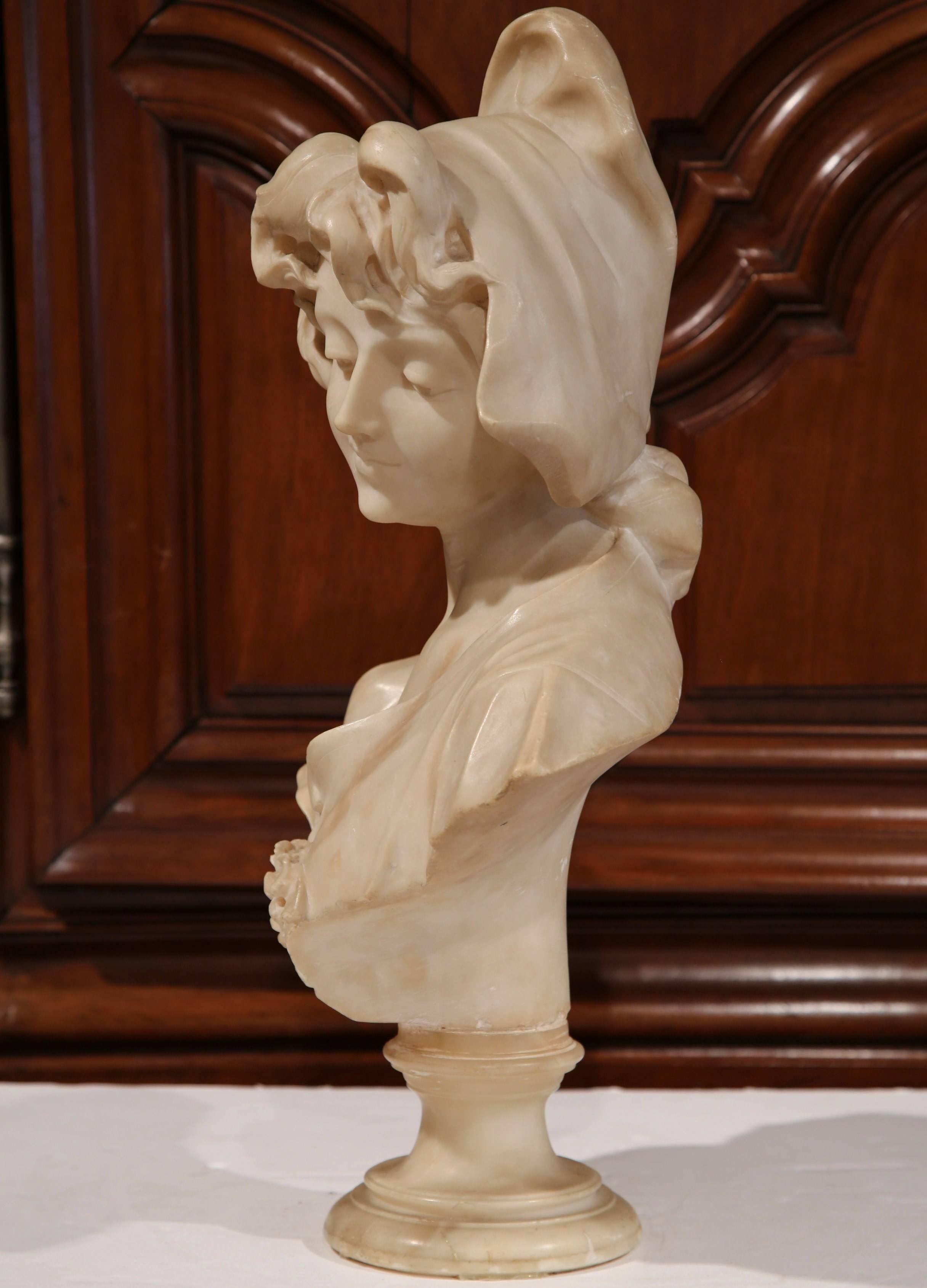 19th Century French Carved Patinated Marble Bust of a Young Beauty 1