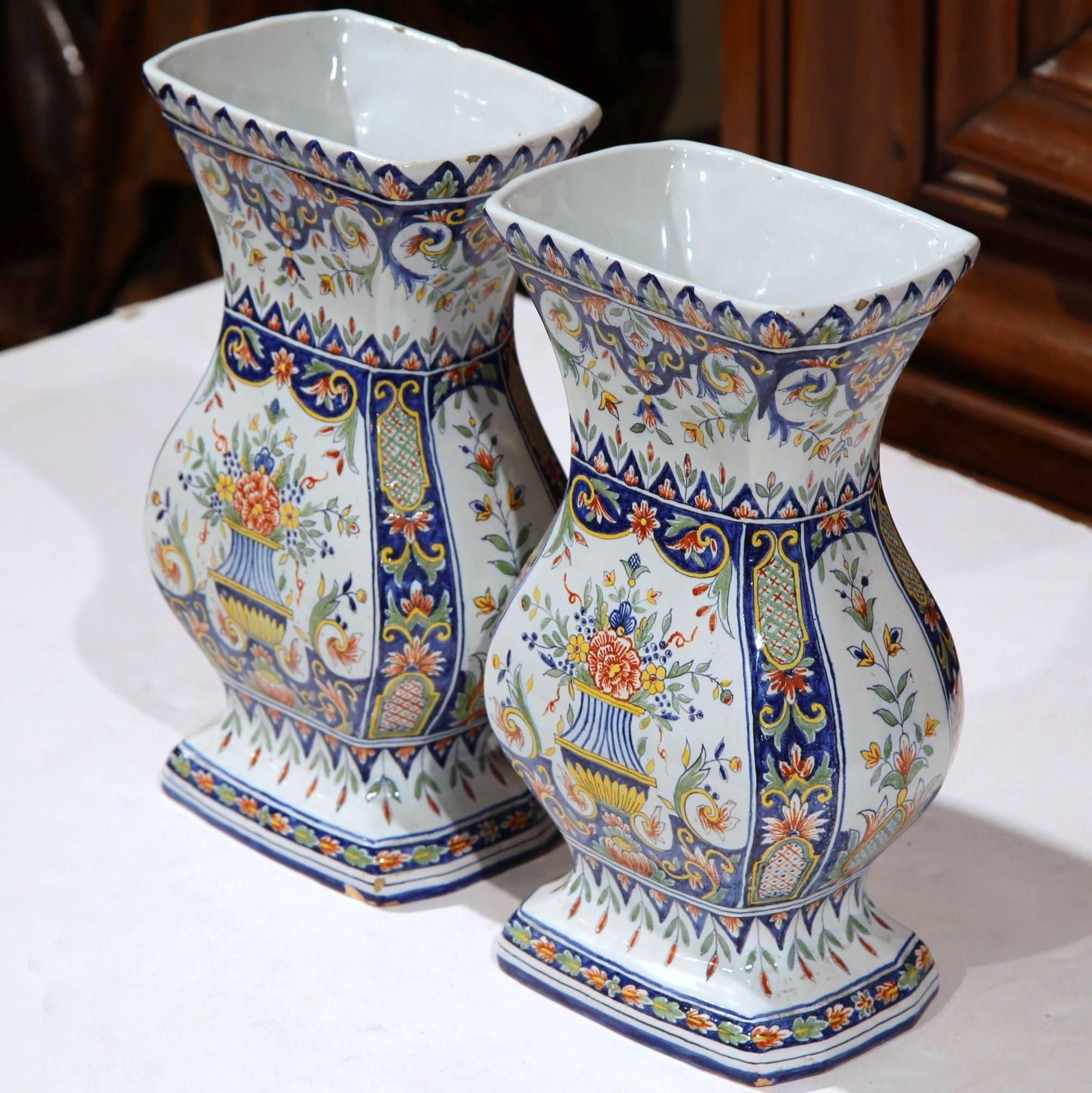 Hand-Crafted Pair of 19th Century French Hand-Painted Faience Vases from Normandy