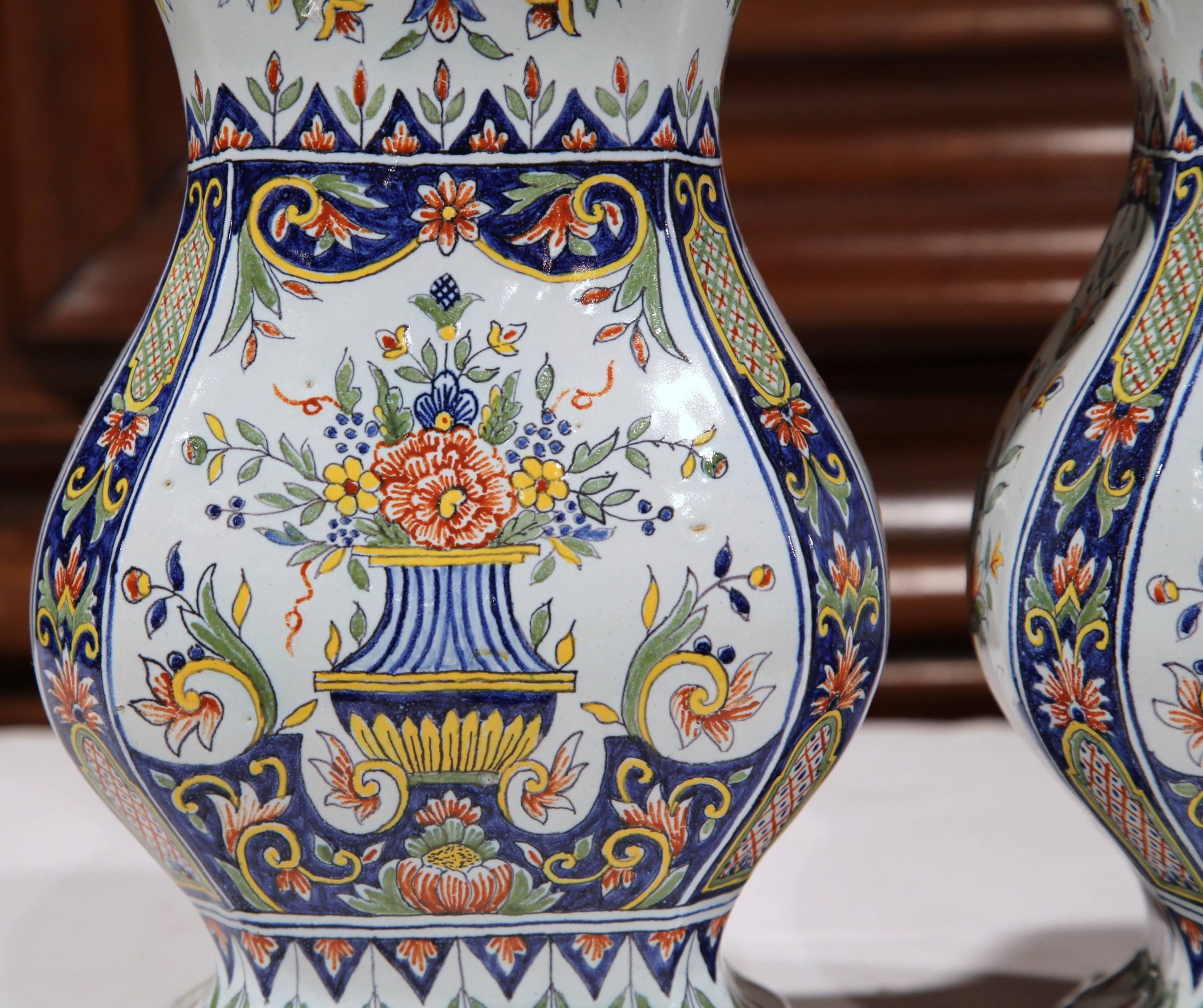 Pair of 19th Century French Hand-Painted Faience Vases from Normandy In Excellent Condition In Dallas, TX