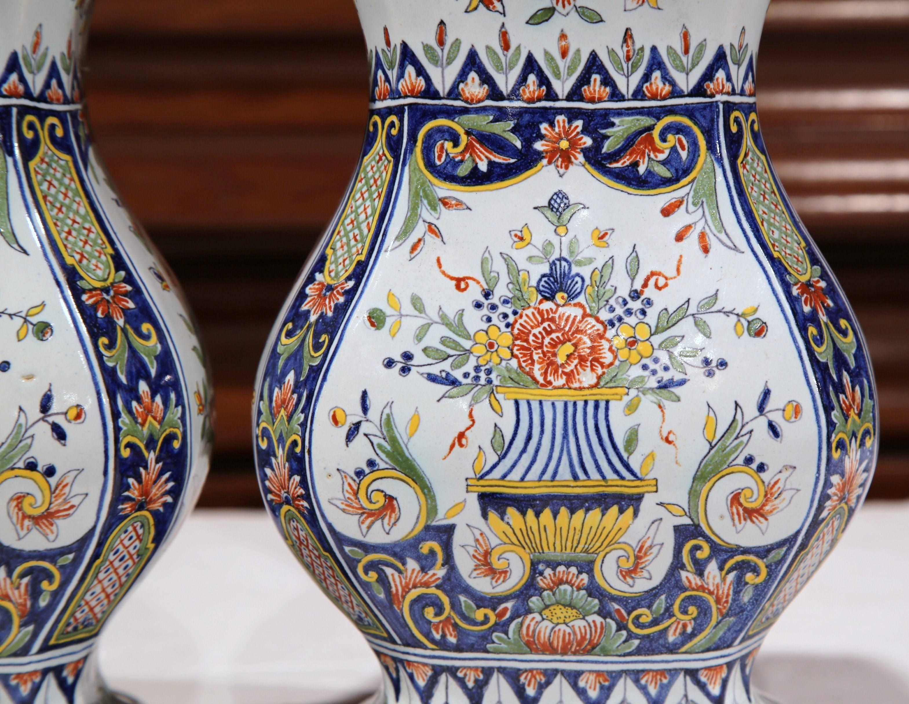 Ceramic Pair of 19th Century French Hand-Painted Faience Vases from Normandy