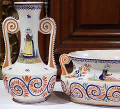 19th Century French Three-Piece Vases and Jardiniere Signed Henriot Quimper