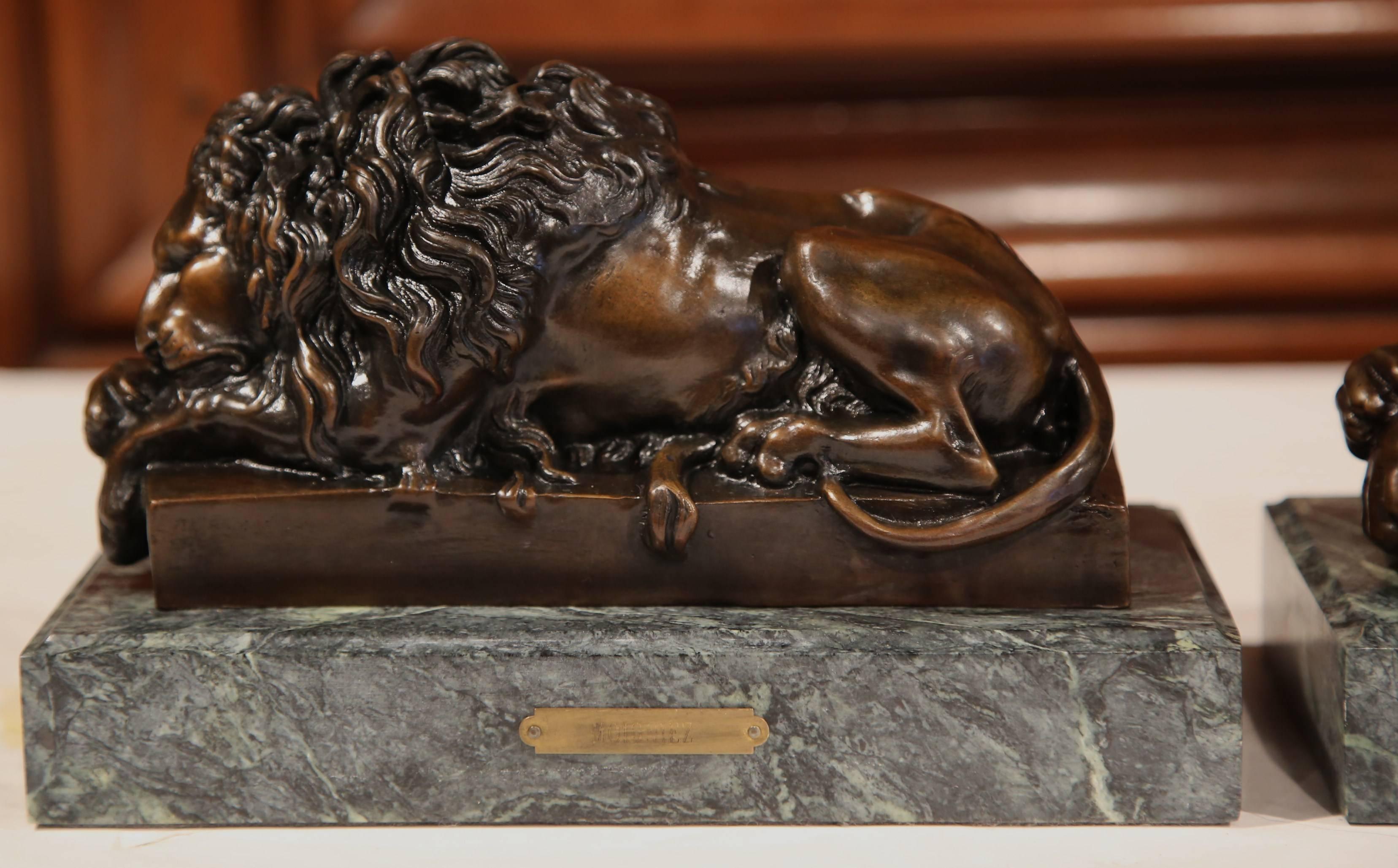 Pair of 19th Century French Bronze Lions Bookends on Marble Signed J. Moigniez 2