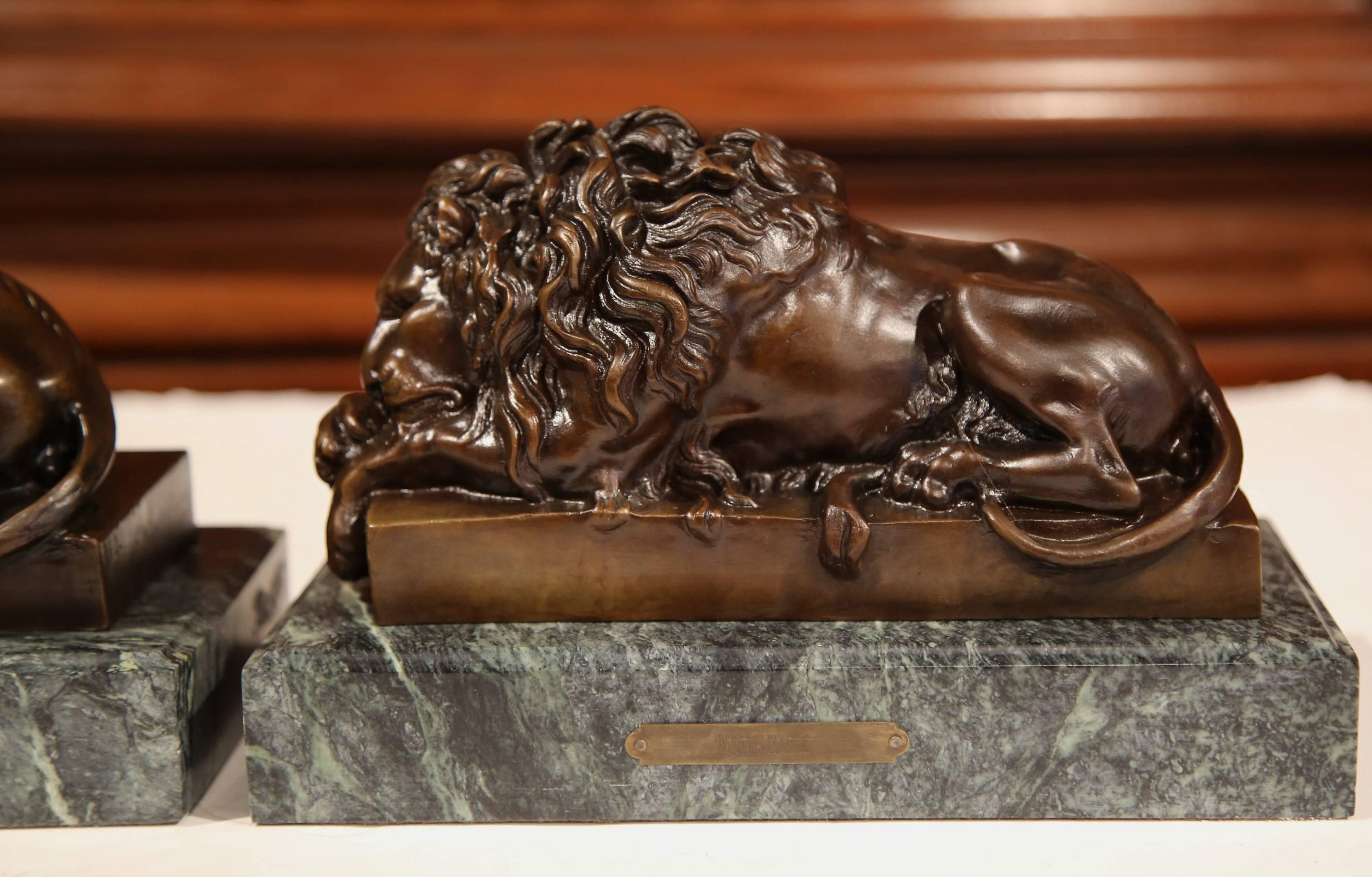 Pair of 19th Century French Bronze Lions Bookends on Marble Signed J. Moigniez 3