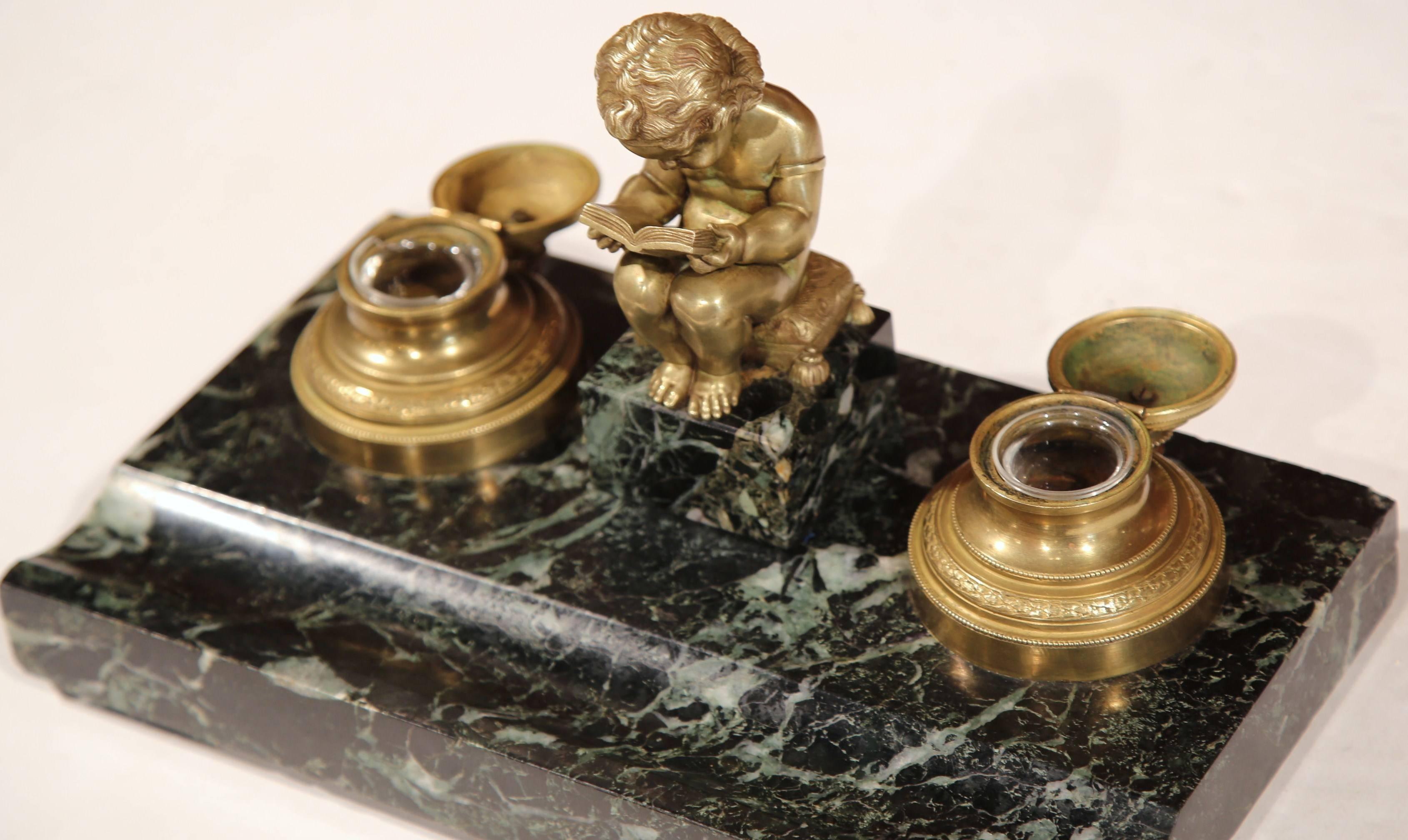 19th Century French Bronze and Black Marble Inkwell with Cherub Reading In Excellent Condition In Dallas, TX