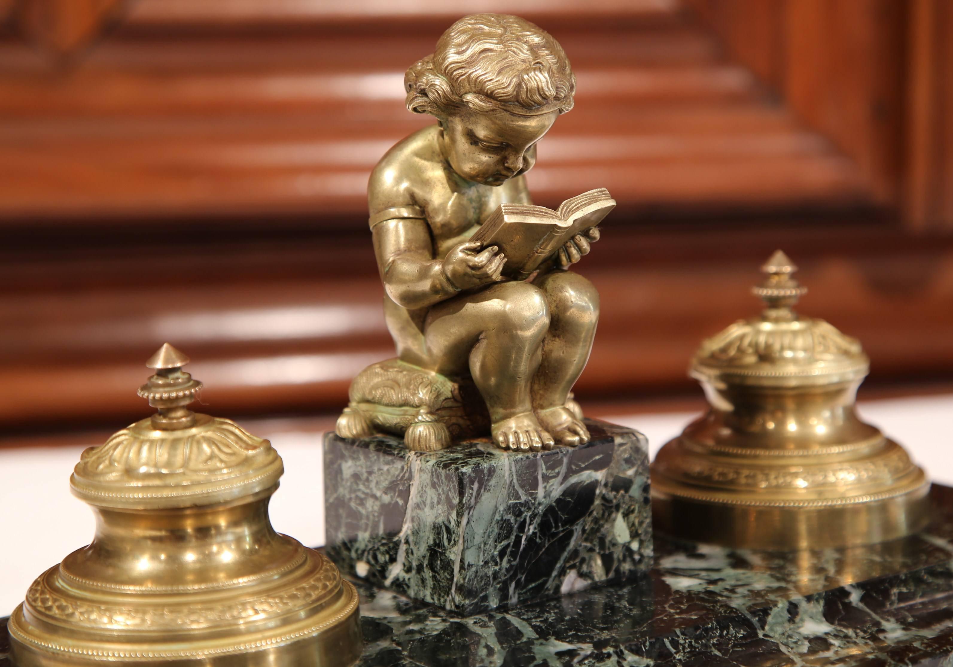 Patinated 19th Century French Bronze and Black Marble Inkwell with Cherub Reading
