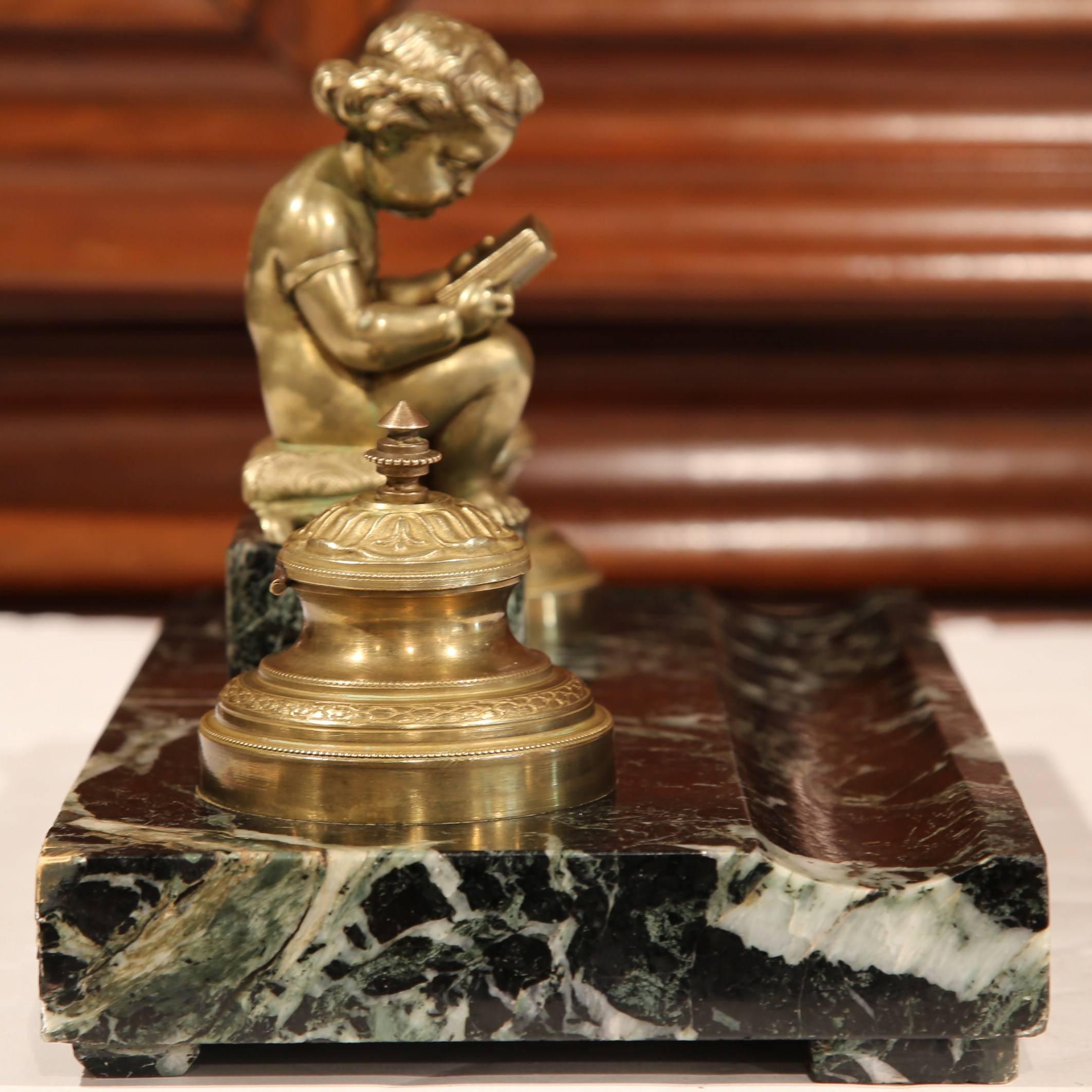 19th Century French Bronze and Black Marble Inkwell with Cherub Reading 1