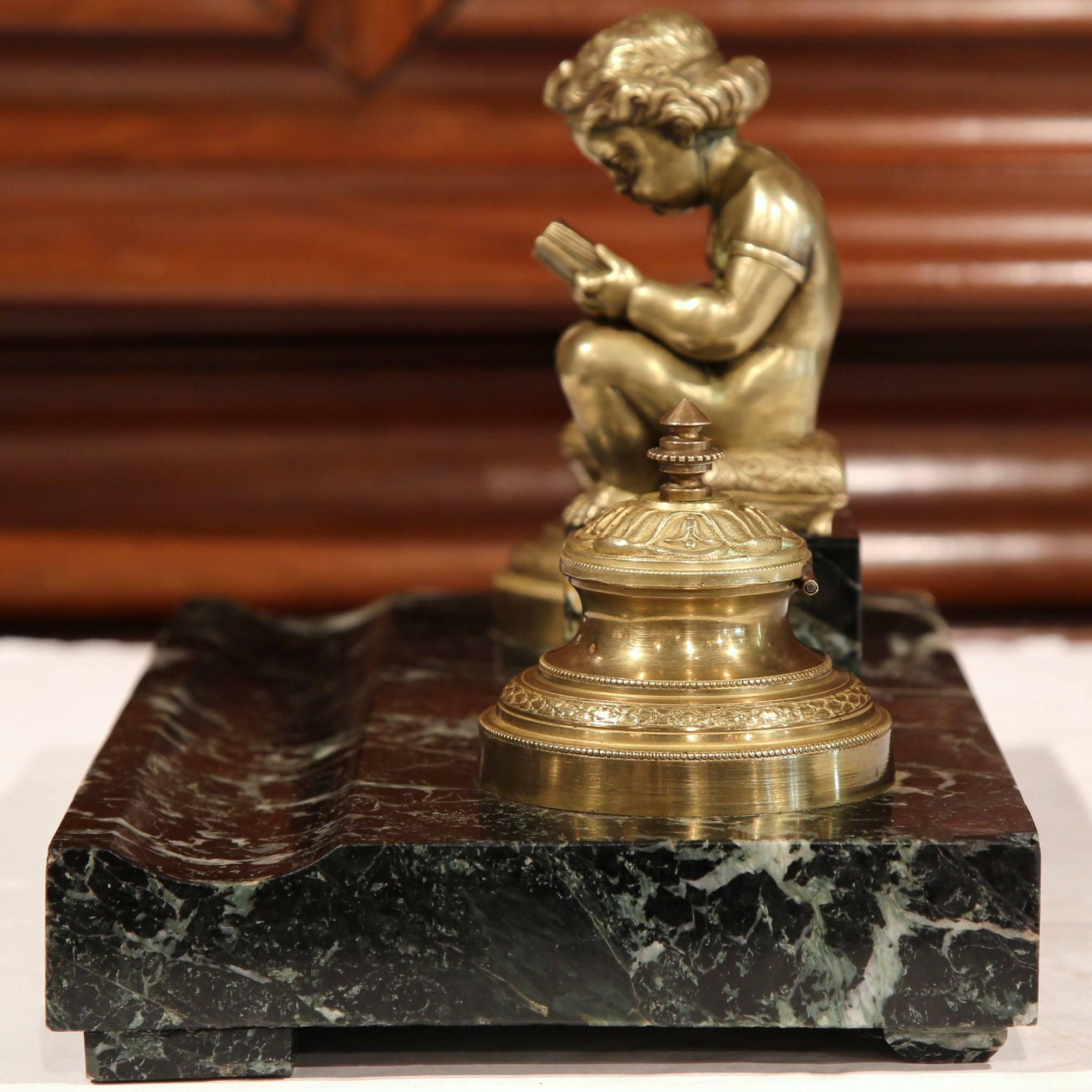 19th Century French Bronze and Black Marble Inkwell with Cherub Reading 2