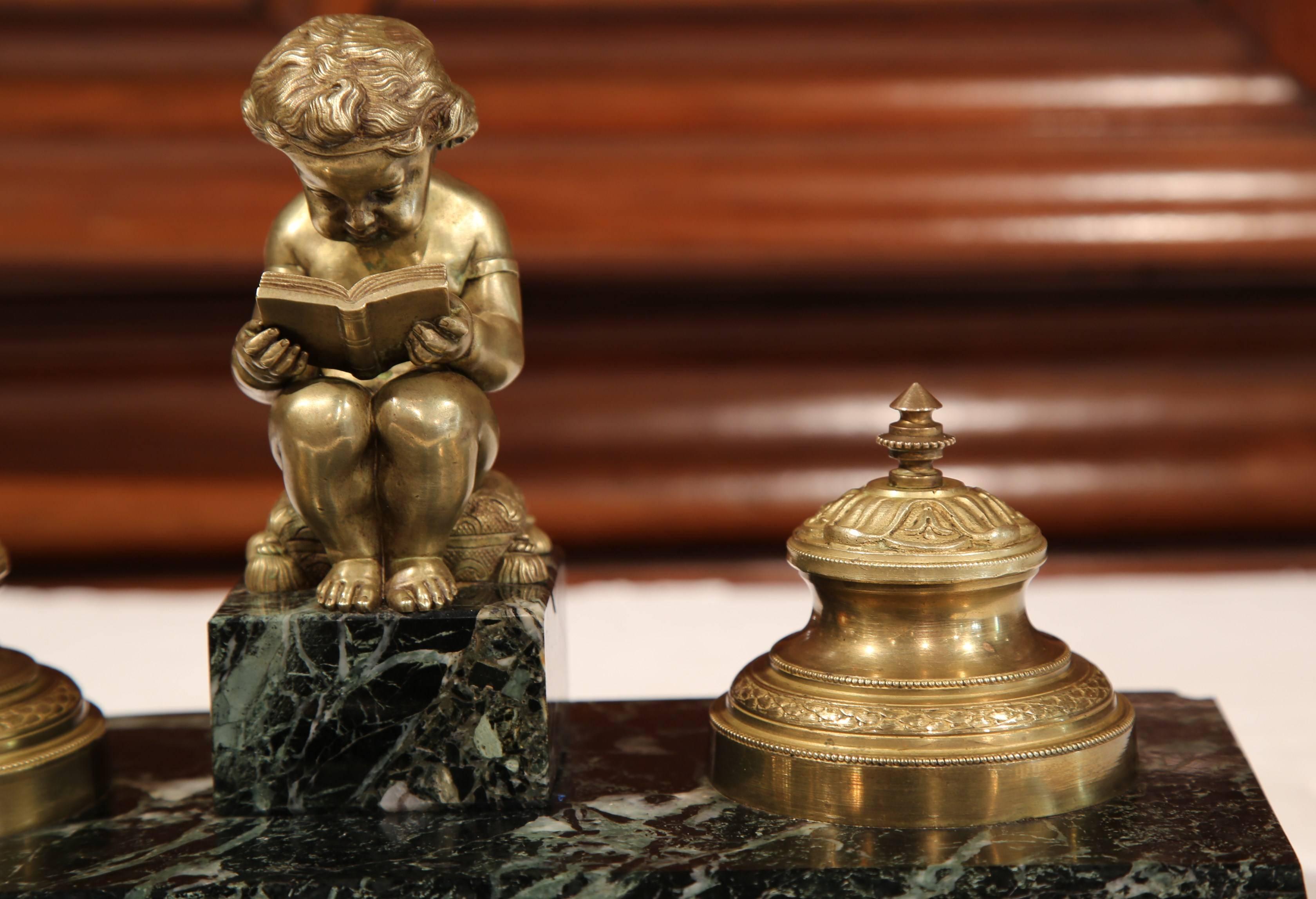 19th Century French Bronze and Black Marble Inkwell with Cherub Reading 6