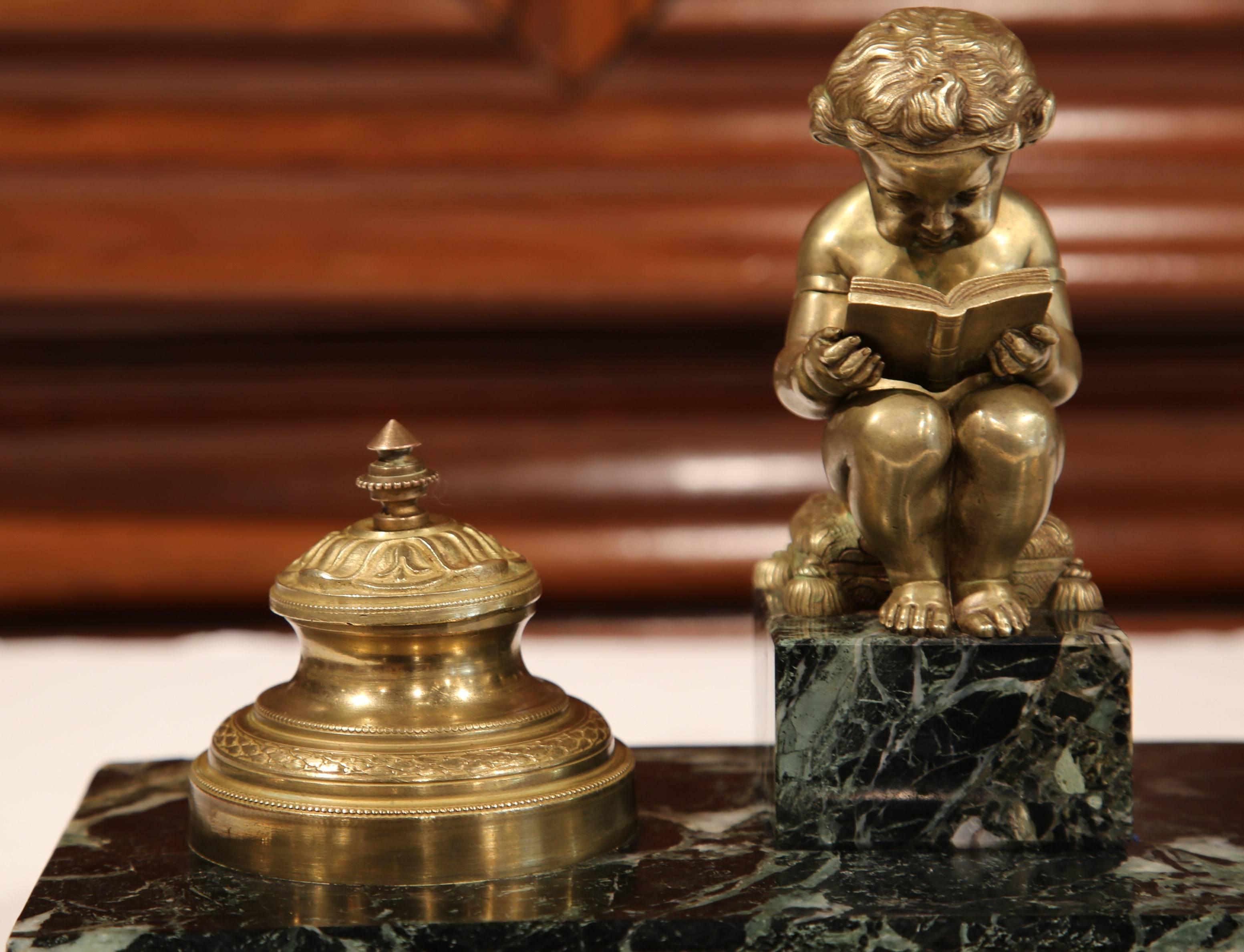 19th Century French Bronze and Black Marble Inkwell with Cherub Reading 5