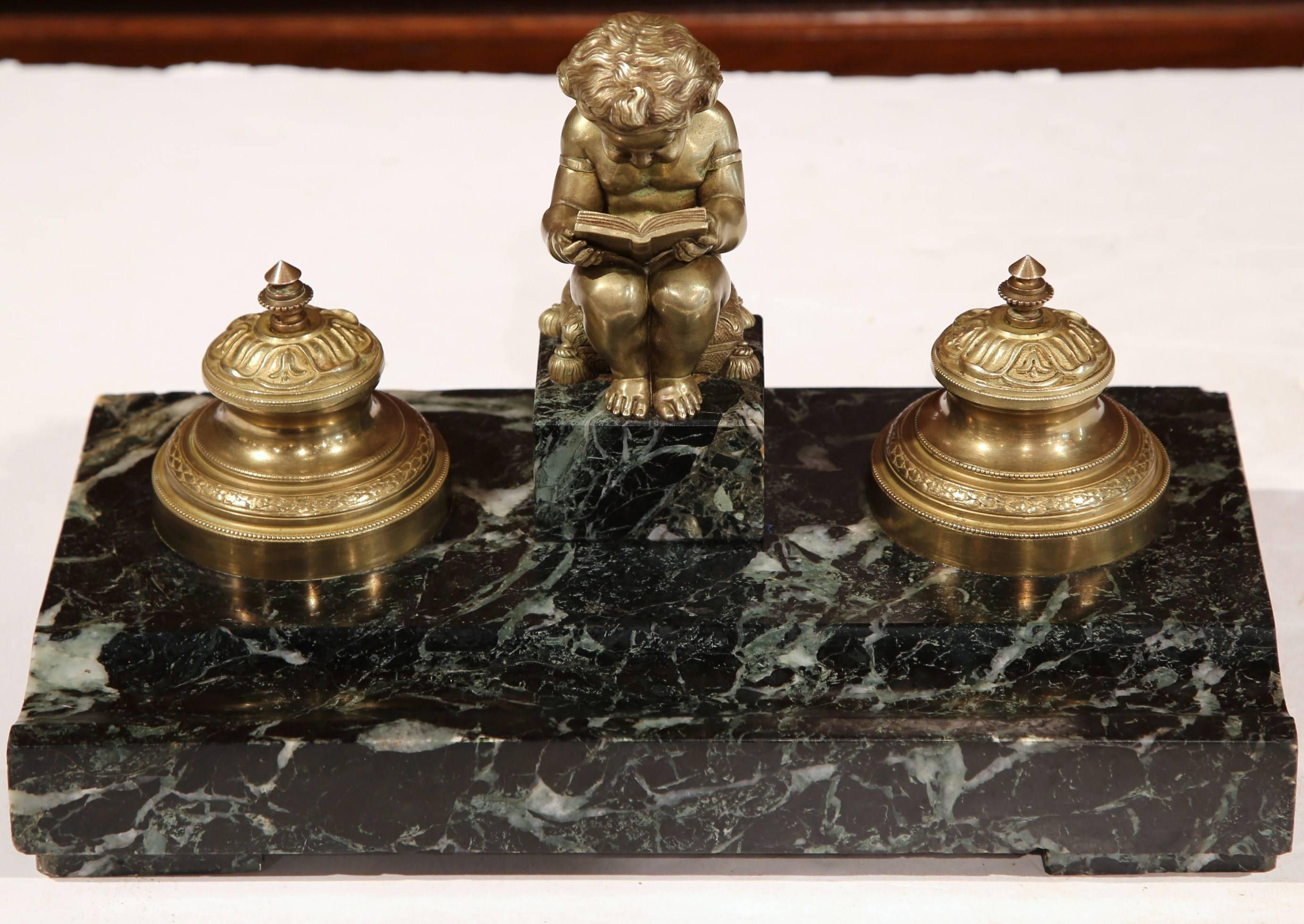 19th Century French Bronze and Black Marble Inkwell with Cherub Reading 4