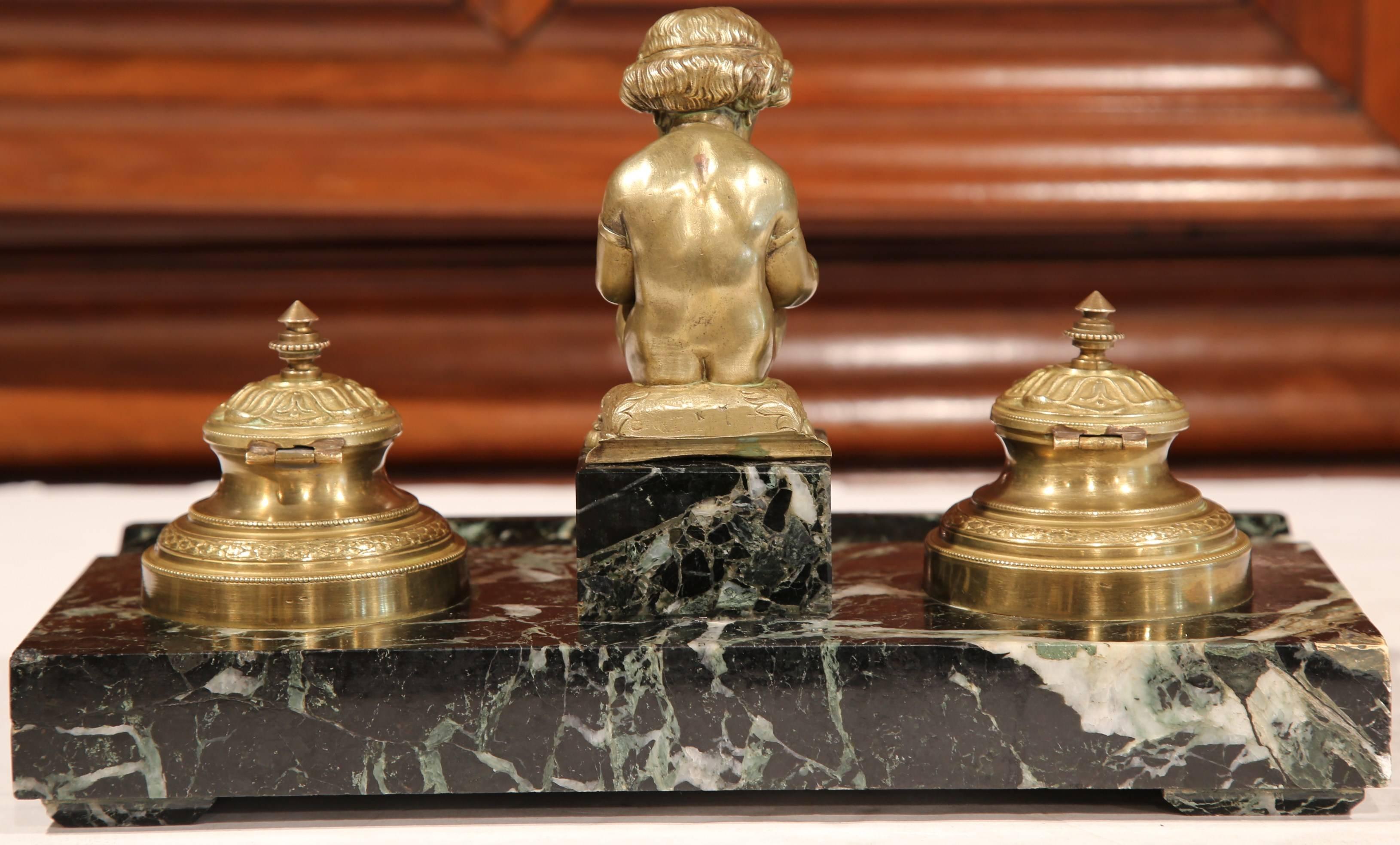 19th Century French Bronze and Black Marble Inkwell with Cherub Reading 3