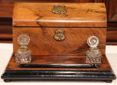 19th Century French Walnut Inkwell with Cut-Glass Bottles and Letter Holder