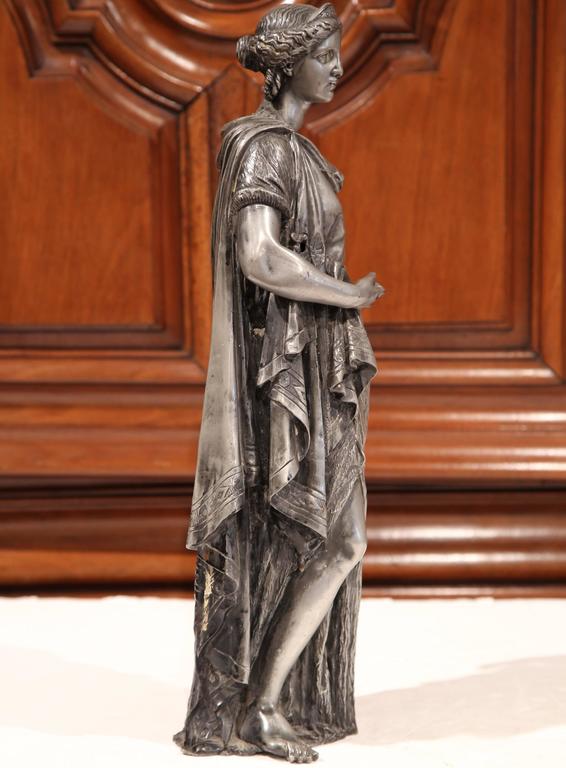 19th Century French Hand Carved Pewter Statue of a Roman Woman with
