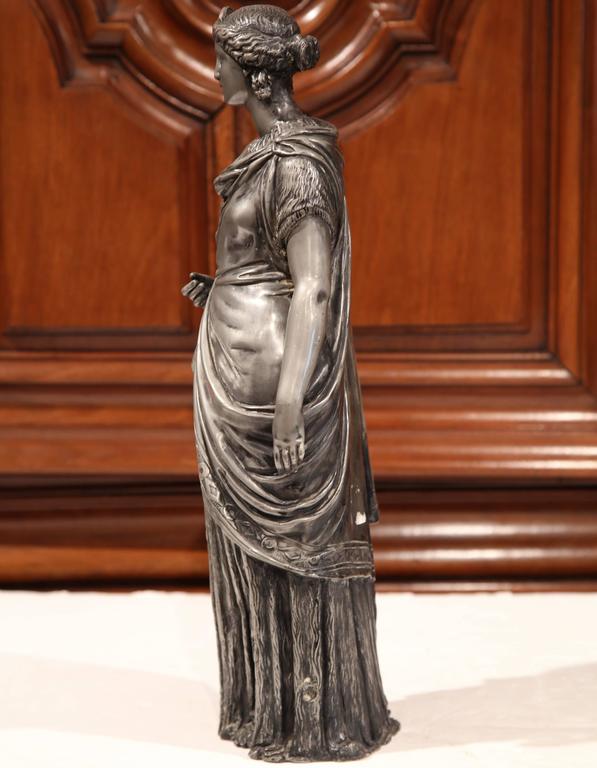19th Century French Hand Carved Pewter Statue of a Roman Woman with