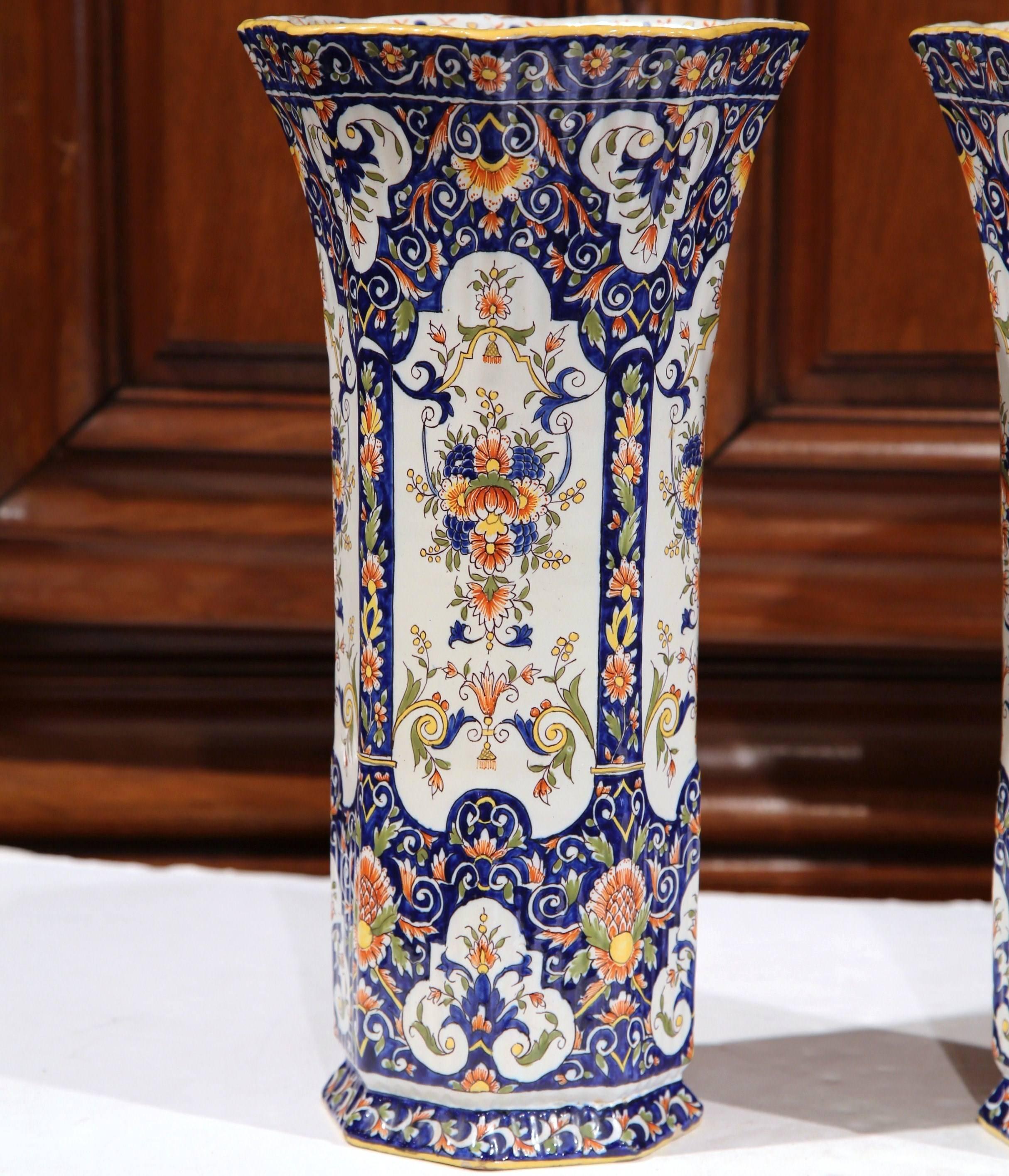 Pair of 19th Century French Hand Painted Faience Trumpet Vases from Normandy In Excellent Condition In Dallas, TX