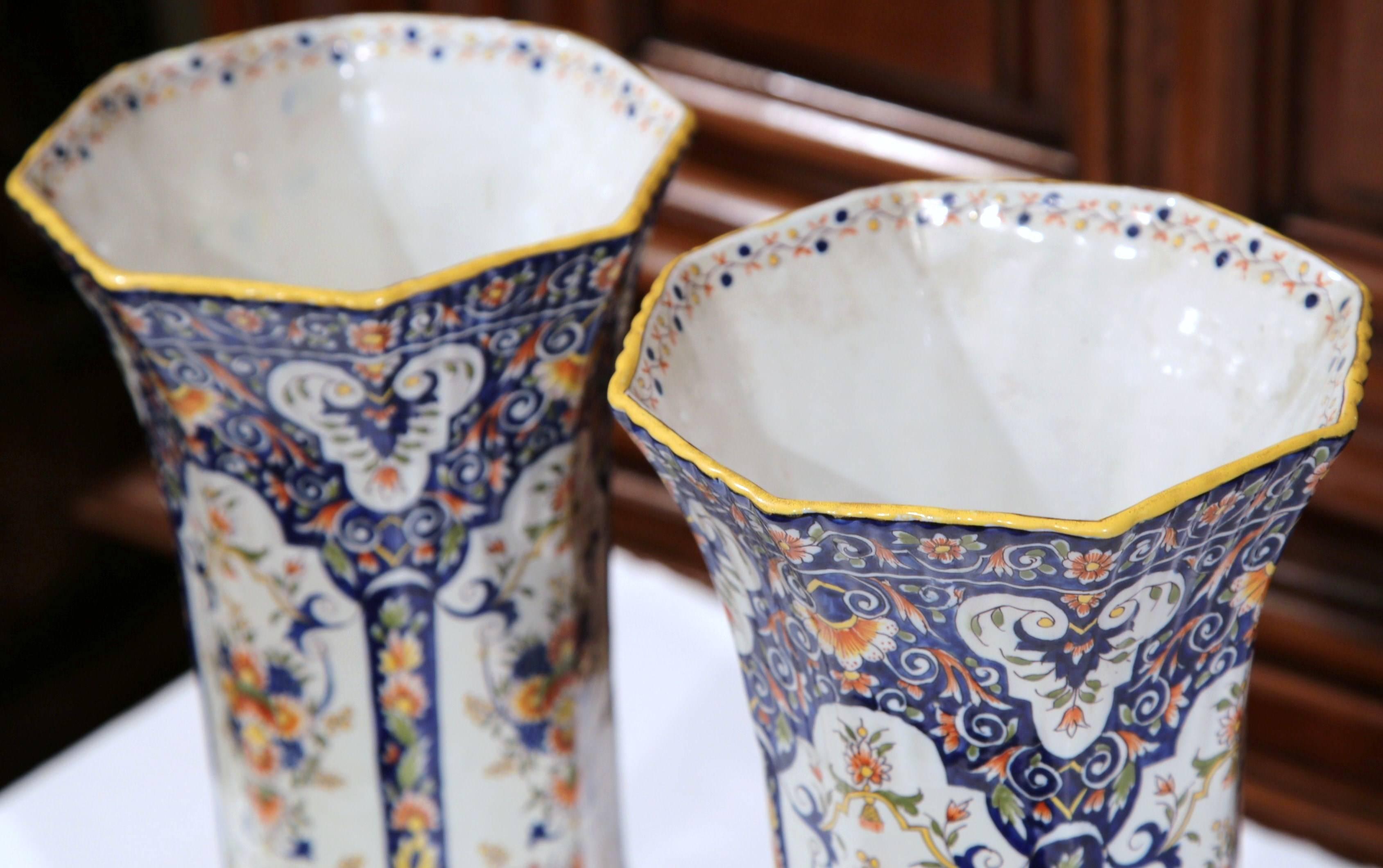 Hand-Crafted Pair of 19th Century French Hand Painted Faience Trumpet Vases from Normandy