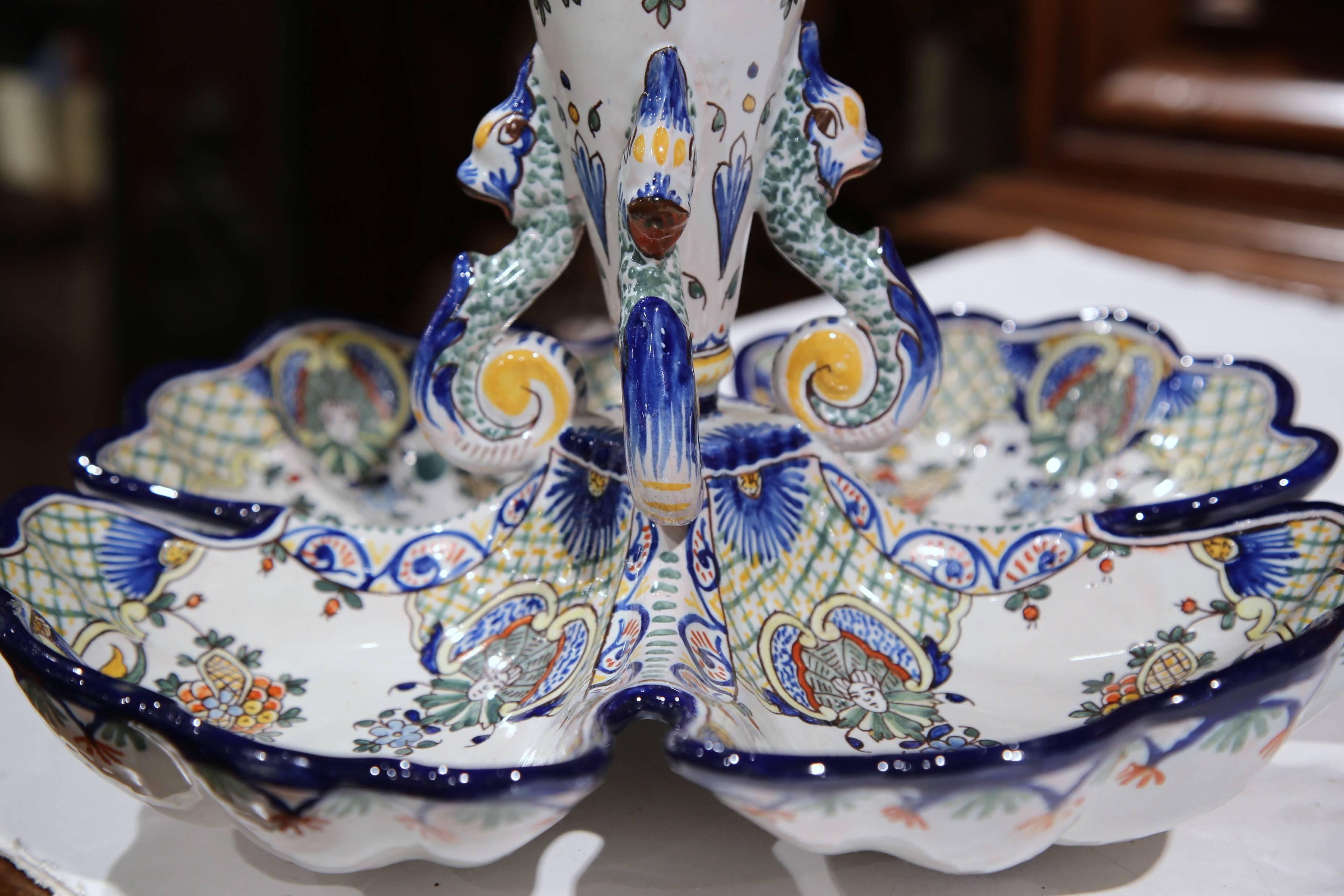 Early 20th Century French Hand Painted Faience Dish with Vase from Nevers In Excellent Condition In Dallas, TX