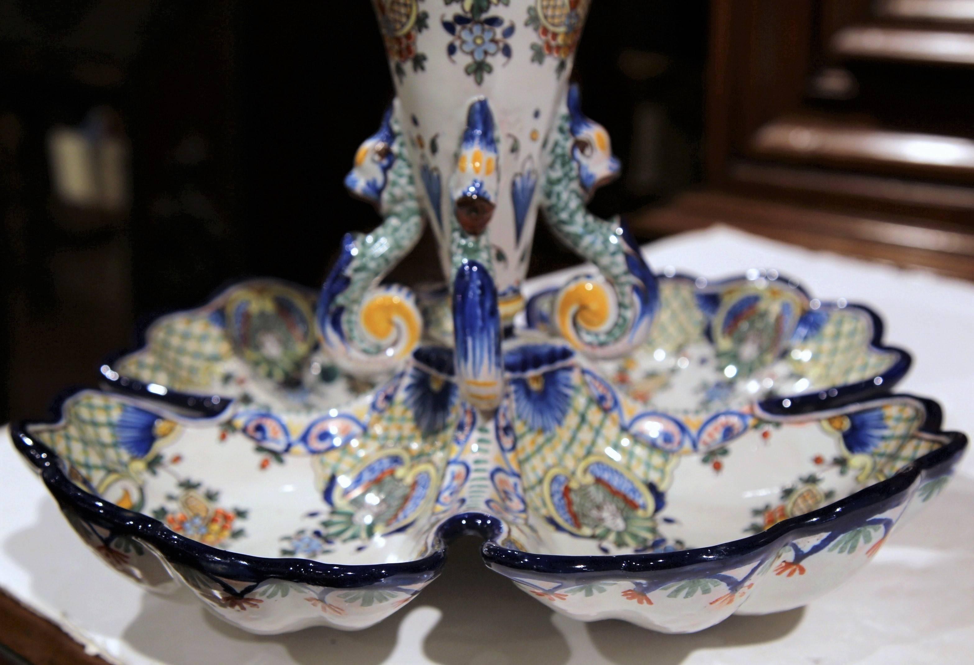 Hand-Crafted Early 20th Century French Hand Painted Faience Dish with Vase from Nevers