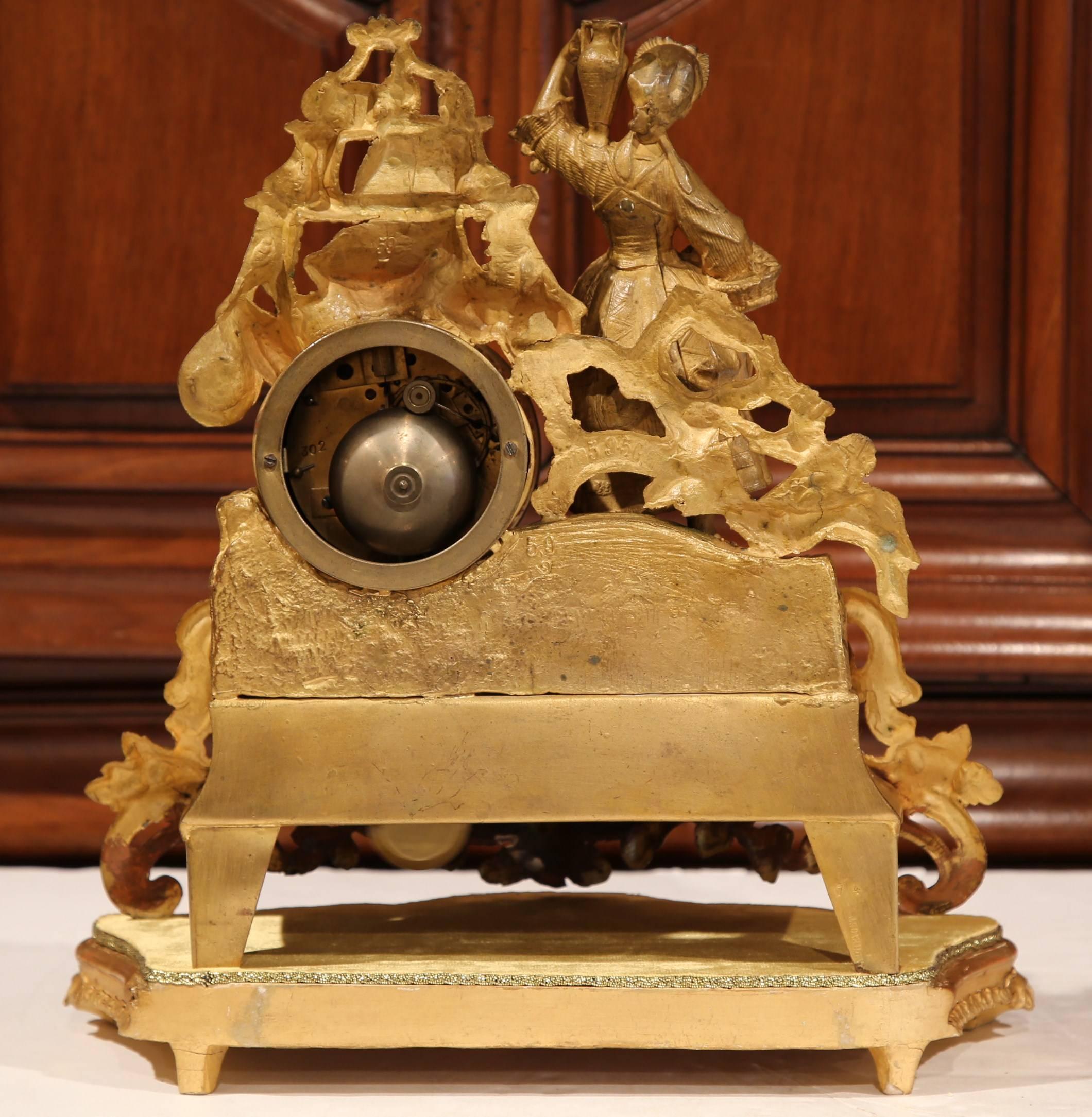 19th Century French Gold-Plated Mantel Clock with Carved Wooden Gold Leaf Base In Excellent Condition In Dallas, TX