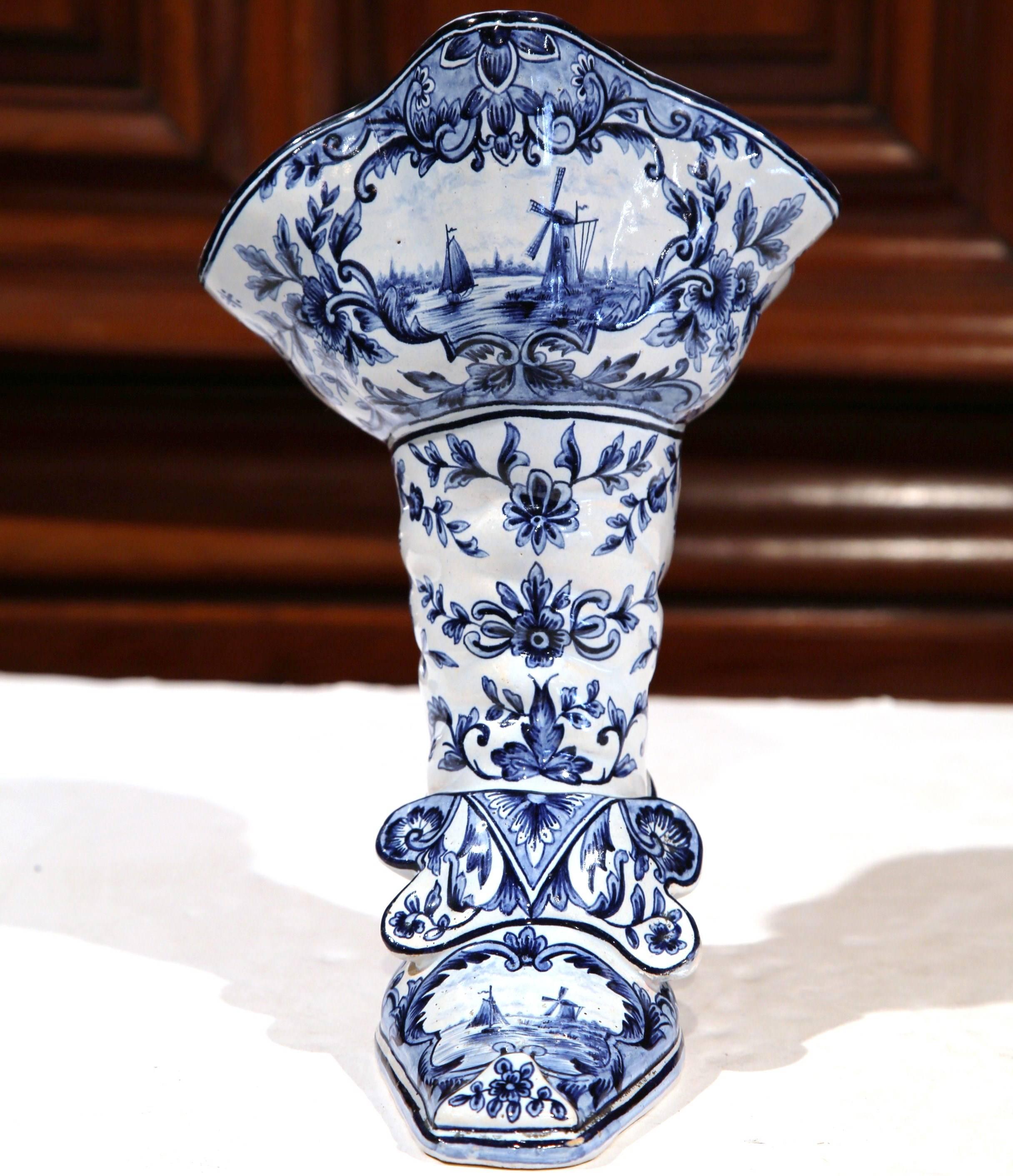 French Early 20th Century Hand-Painted Blue and White Vase Shaped as a Boot