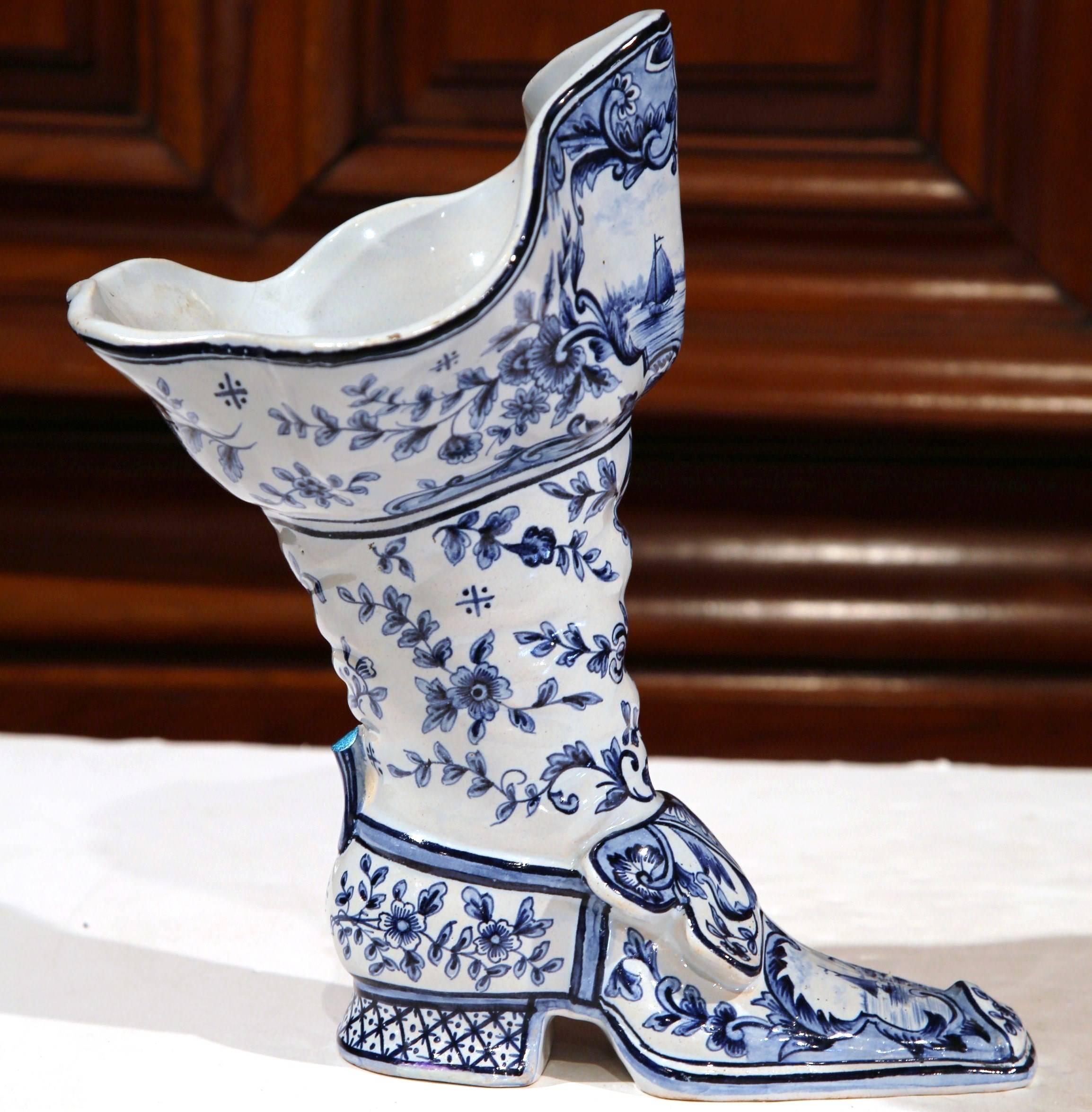 Early 20th Century Hand-Painted Blue and White Vase Shaped as a Boot 1